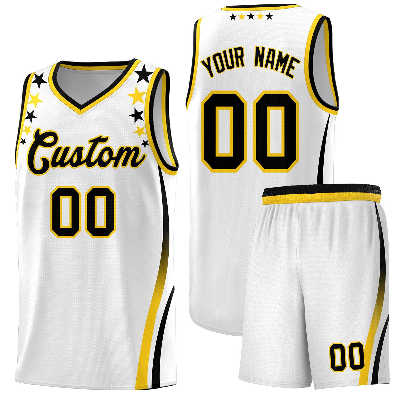 Custom White Shoulders Star Pattern Side Color Block Sports Uniform Basketball Kits