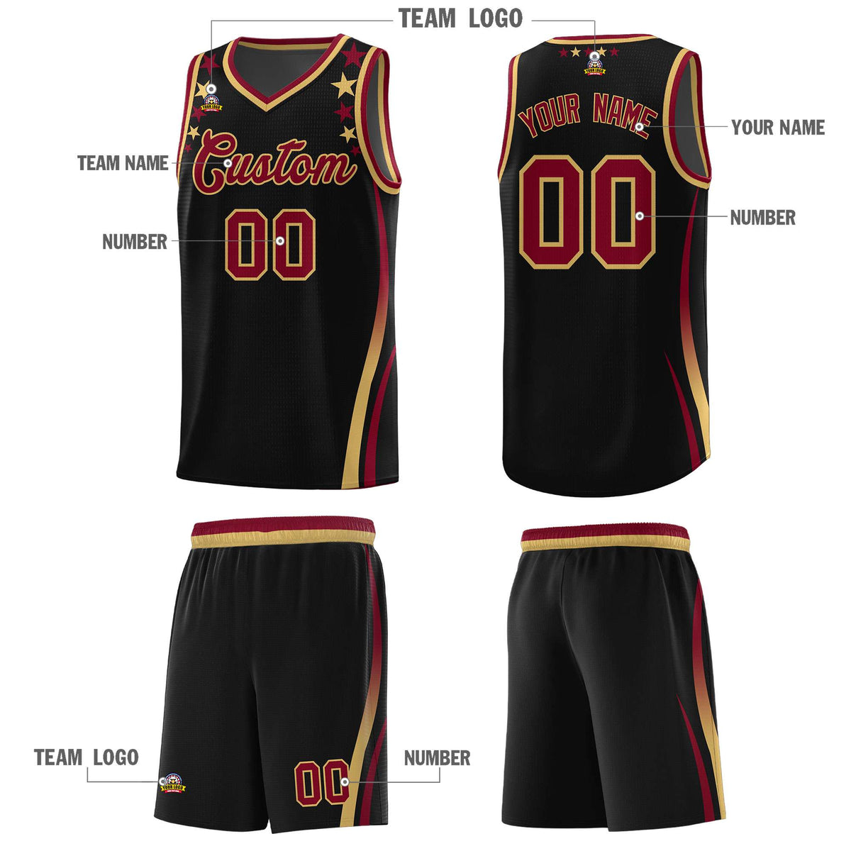 Custom Black Shoulders Star Pattern Side Color Block Sports Uniform Basketball Kits