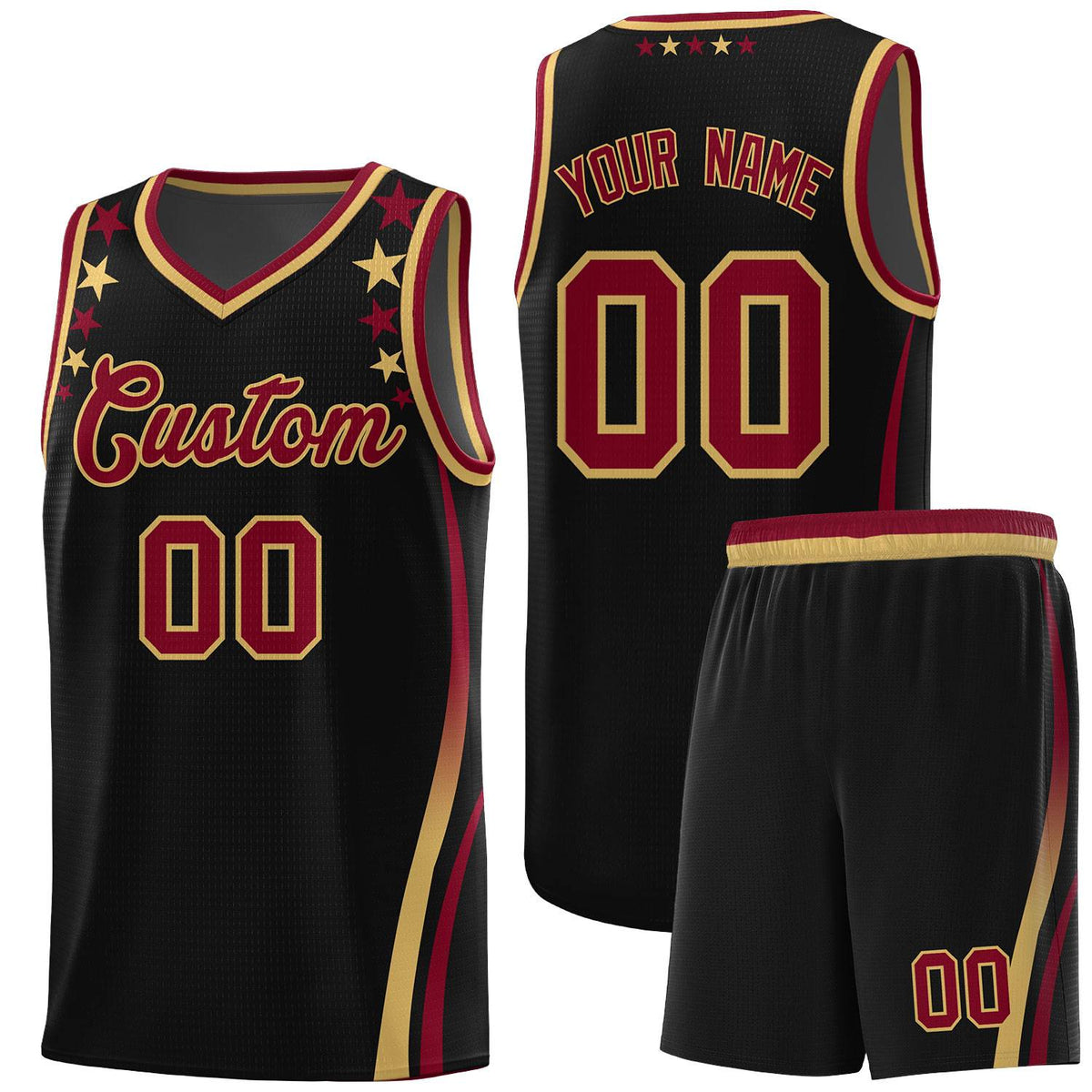 Custom Black Shoulders Star Pattern Side Color Block Sports Uniform Basketball Kits