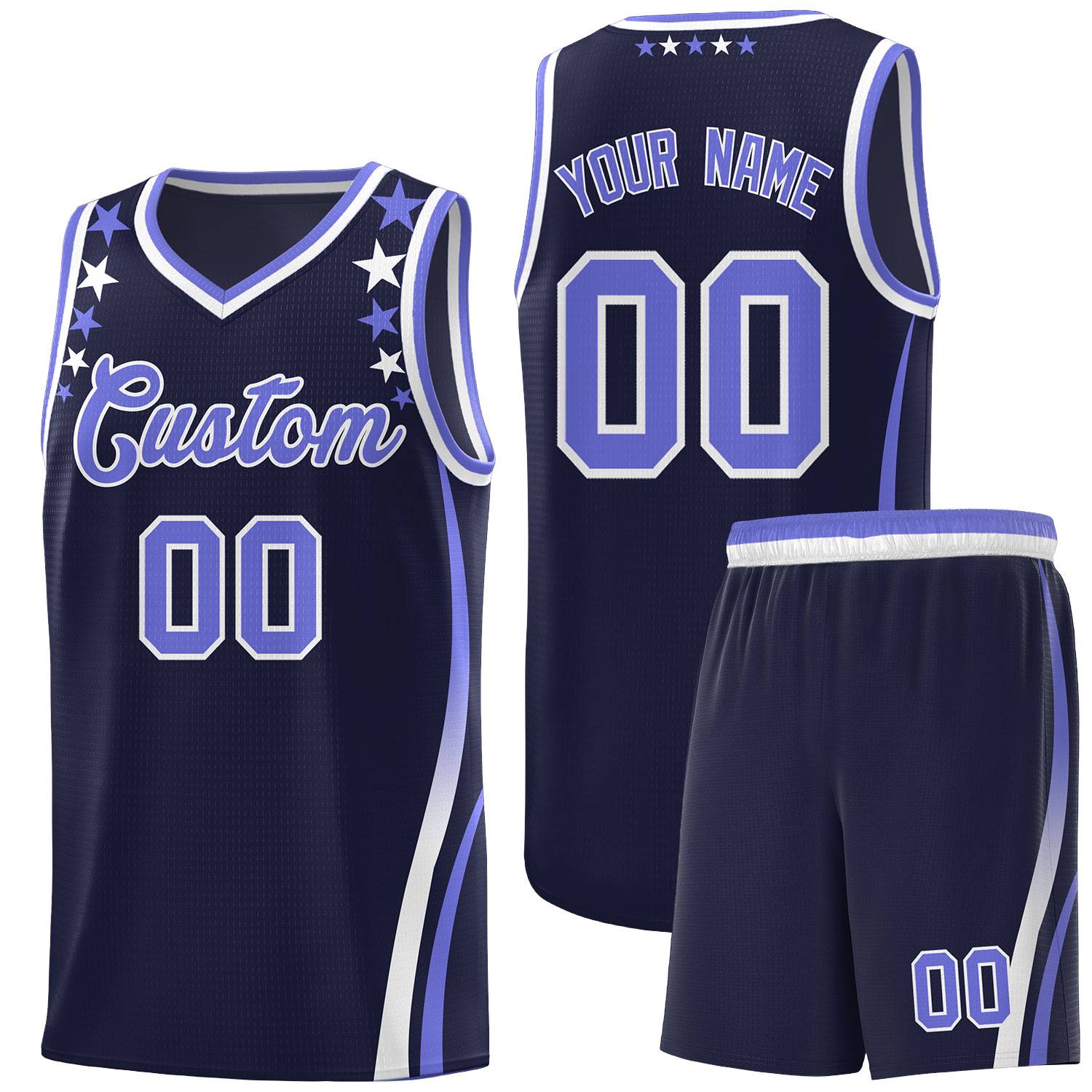 Custom Navy Shoulders Star Pattern Side Color Block Sports Uniform Basketball Kits