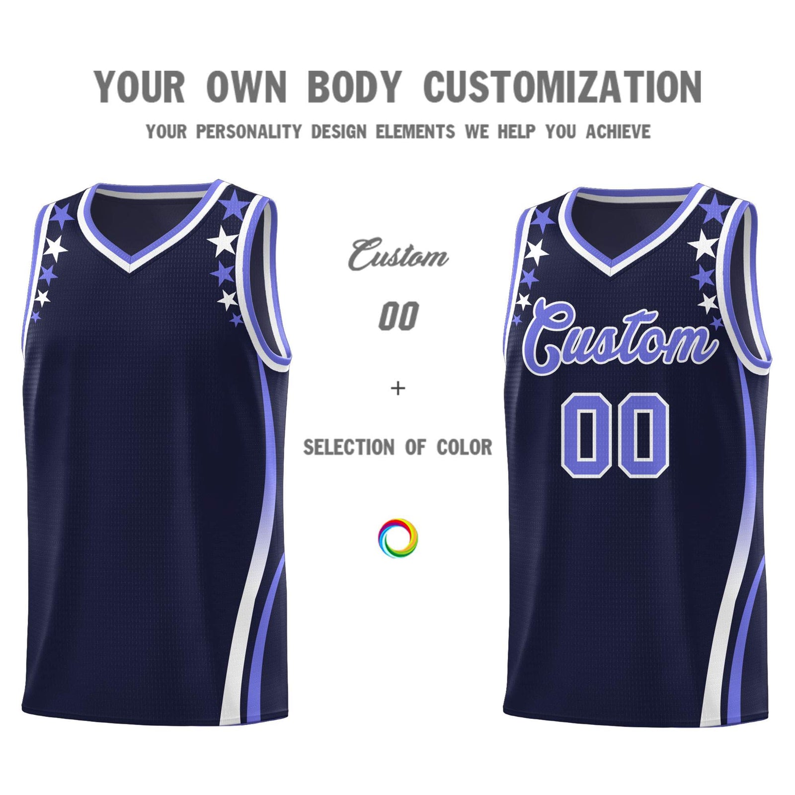 Custom Navy Shoulders Star Pattern Side Color Block Sports Uniform Basketball Kits
