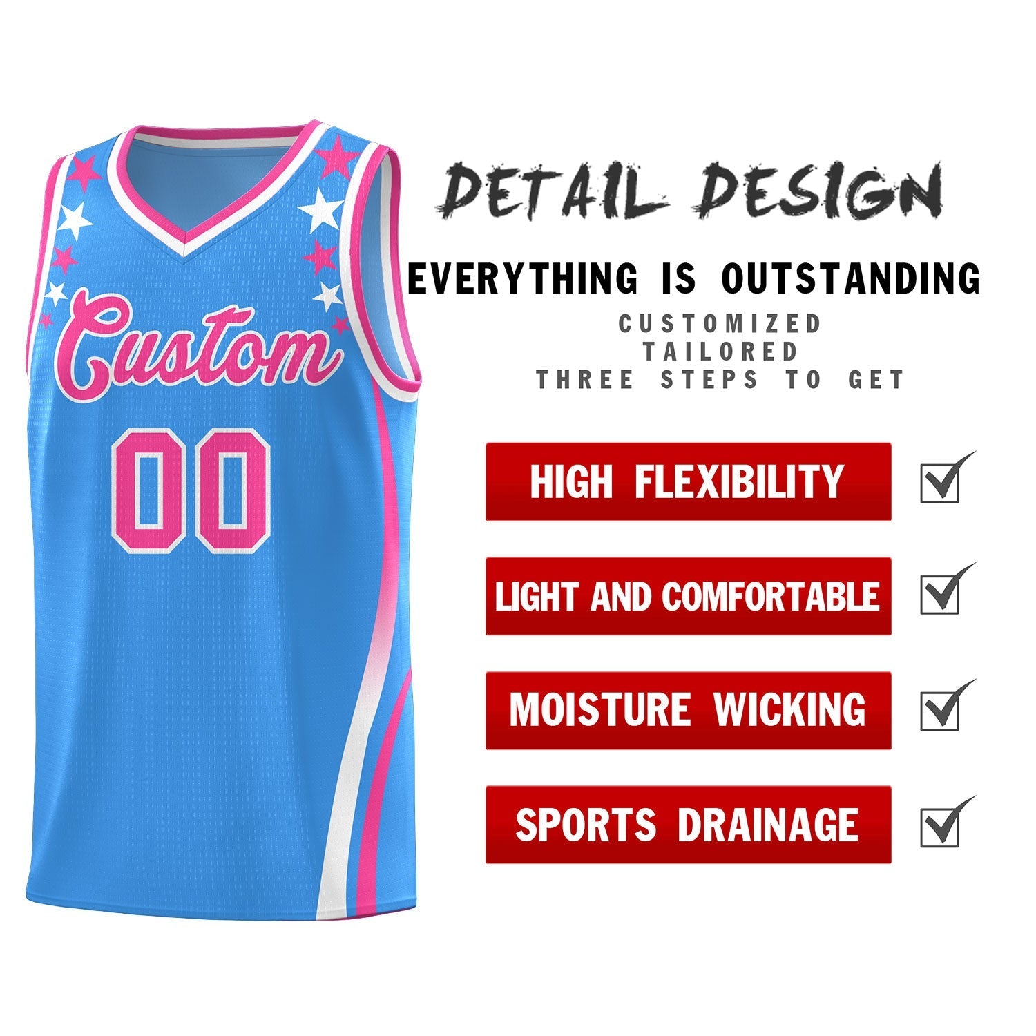 Custom Light Blue Shoulders Star Pattern Side Color Block Sports Uniform Basketball Kits