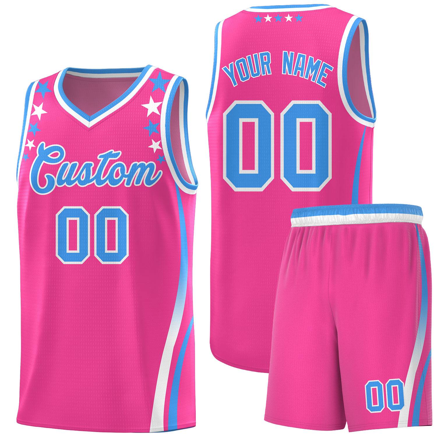 Custom Pink Shoulders Star Pattern Side Color Block Sports Uniform Basketball Kits