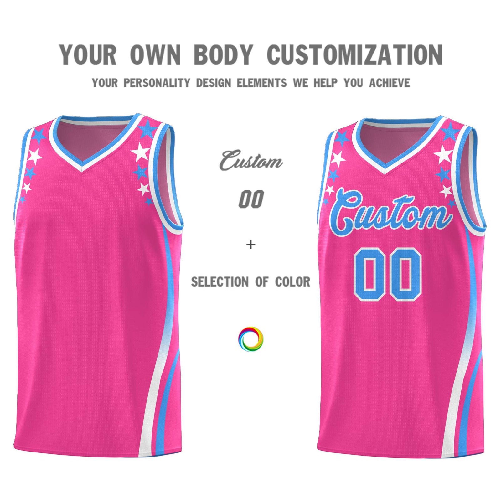 Custom Pink Shoulders Star Pattern Side Color Block Sports Uniform Basketball Kits