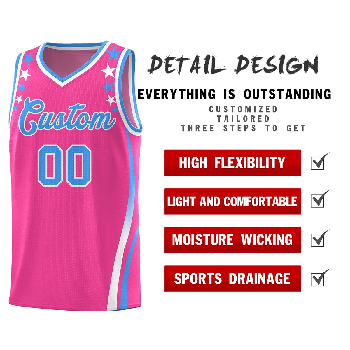 Custom Pink Shoulders Star Pattern Side Color Block Sports Uniform Basketball Kits