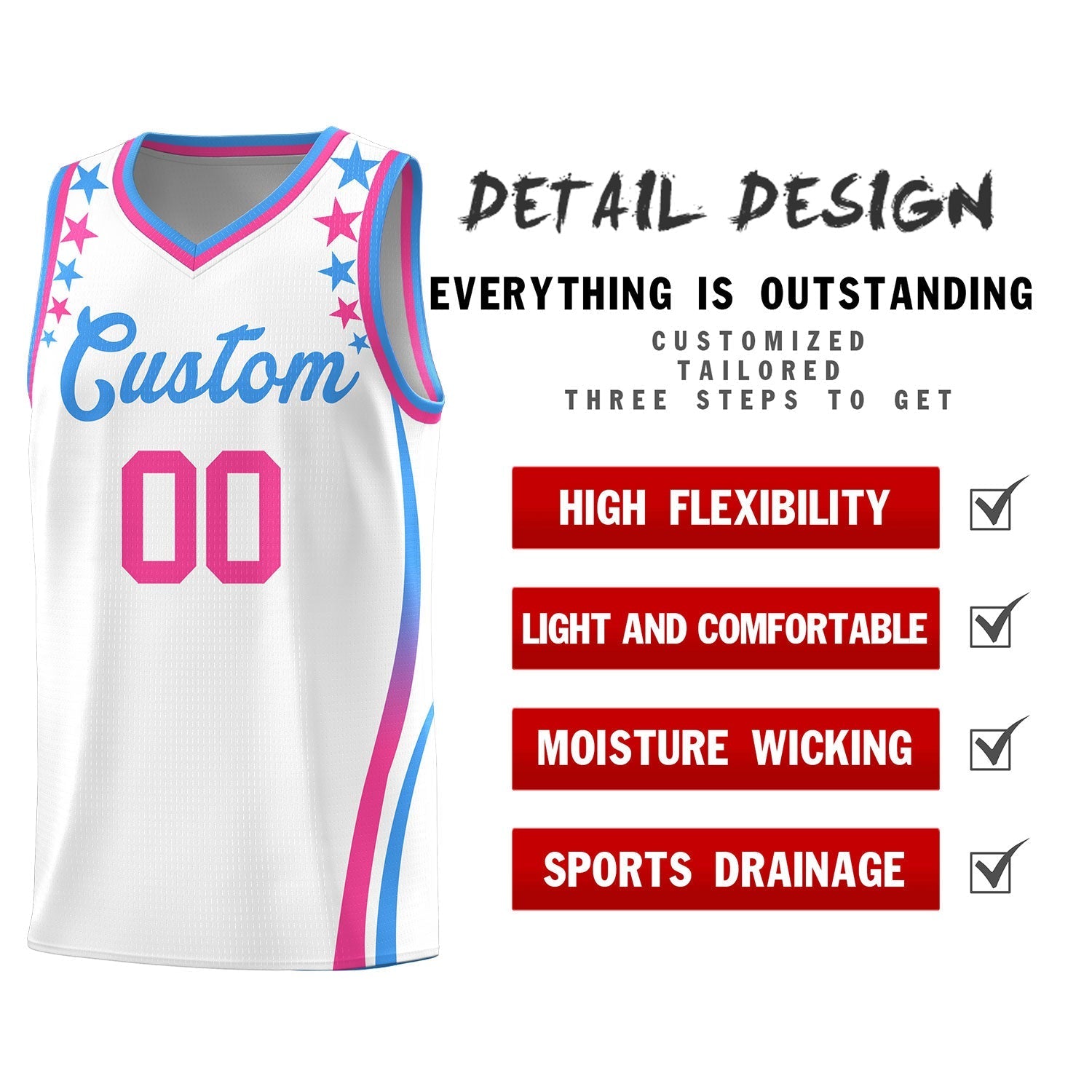 Custom White Shoulders Star Pattern Side Color Block Sports Uniform Basketball Kits