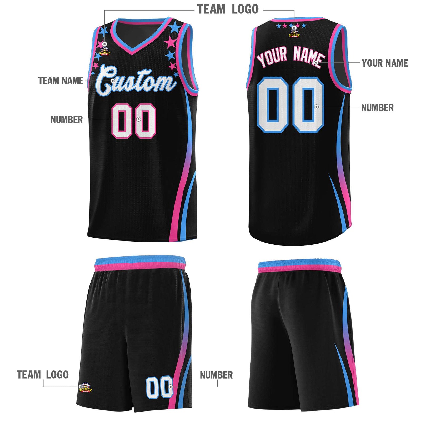Custom Black Shoulders Star Pattern Side Color Block Sports Uniform Basketball Kits