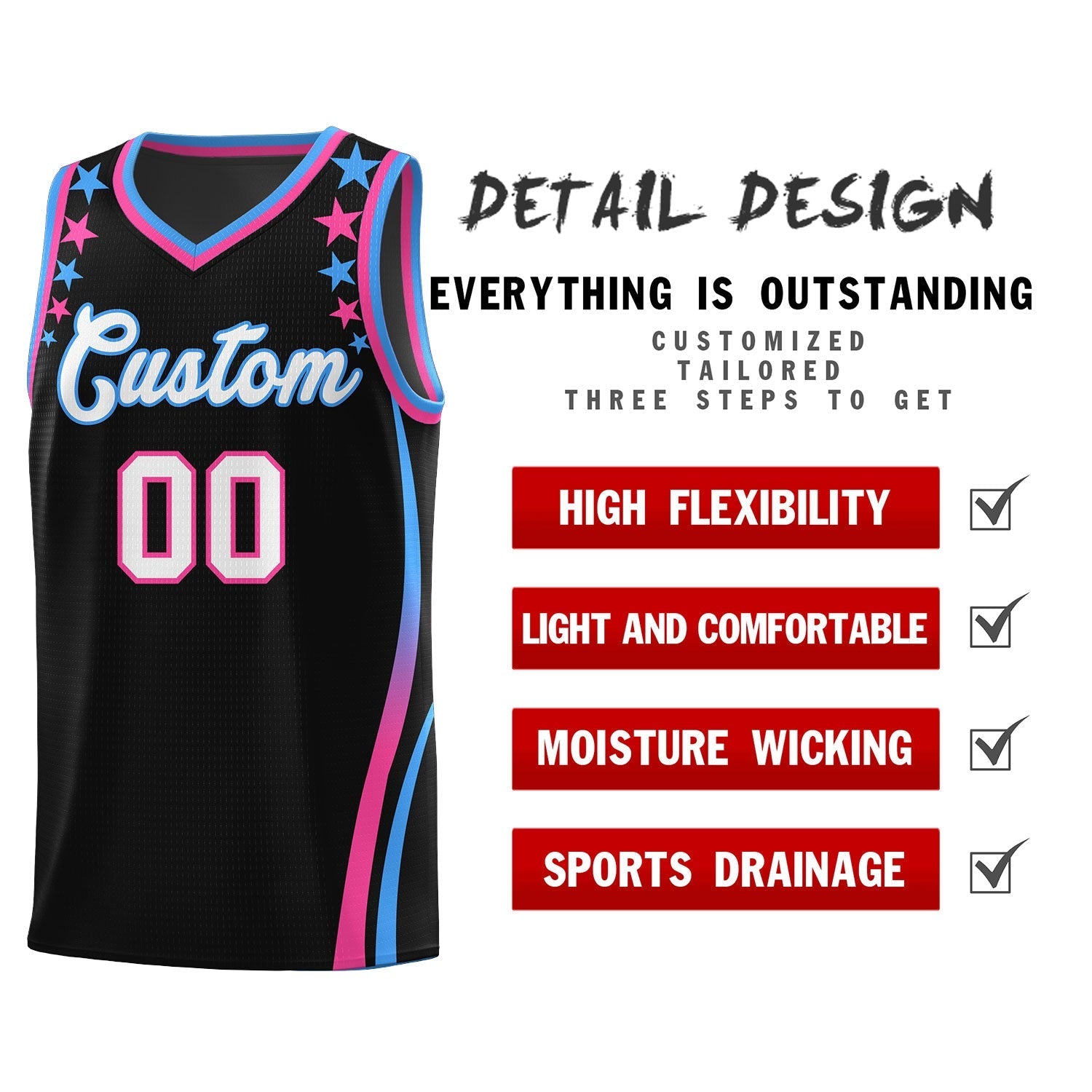 Custom Black Shoulders Star Pattern Side Color Block Sports Uniform Basketball Kits