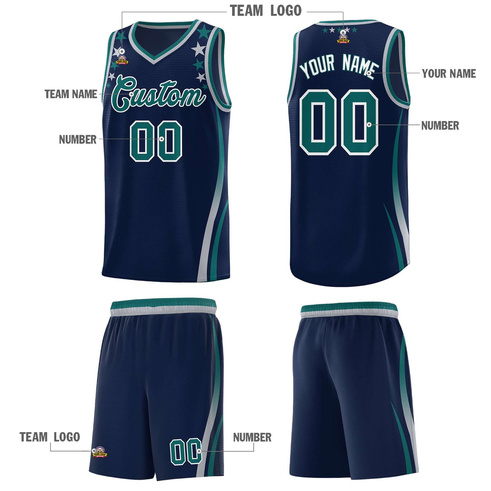 Custom Navy Shoulders Star Pattern Side Color Block Sports Uniform Basketball Kits