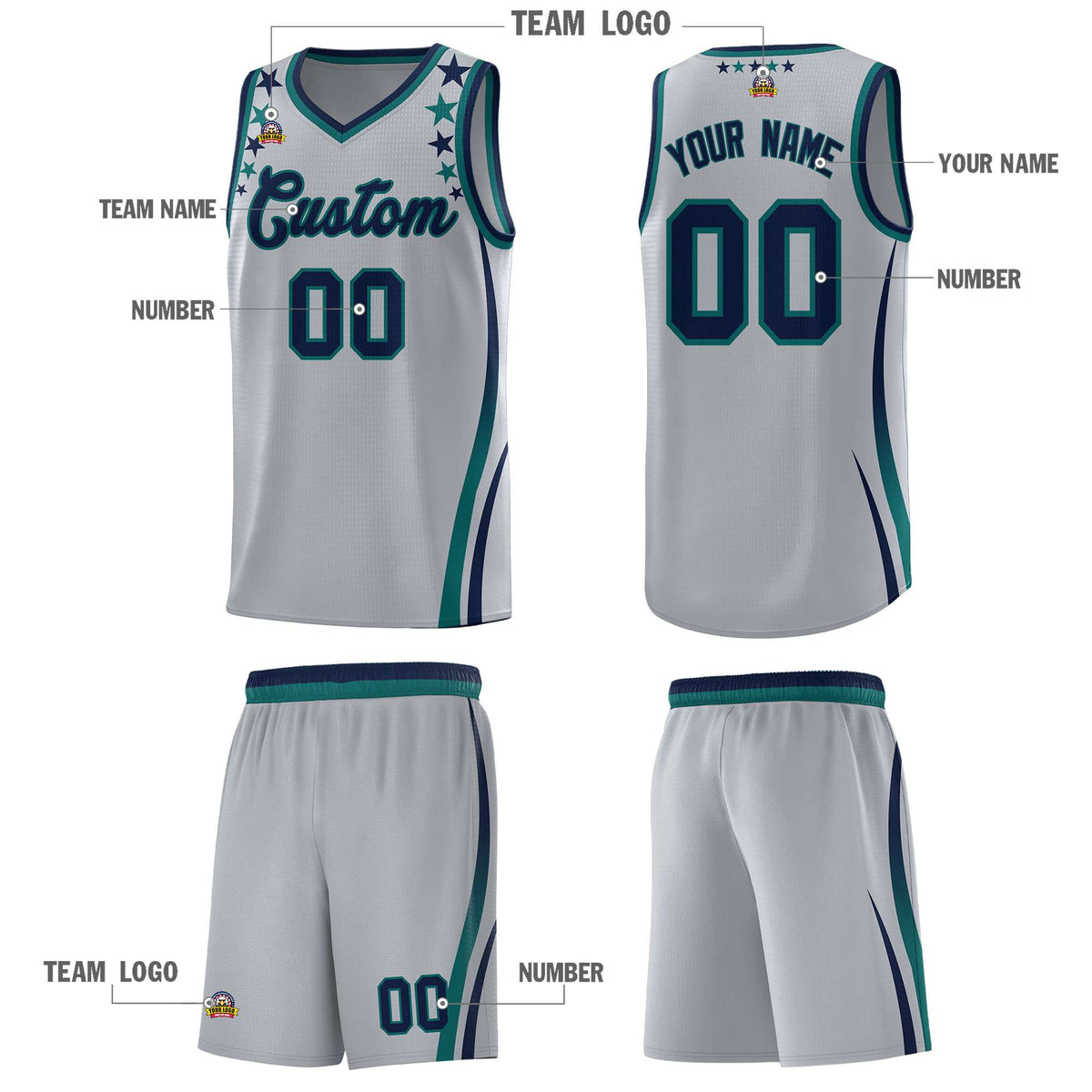 Custom Gray Shoulders Star Pattern Side Color Block Sports Uniform Basketball Kits