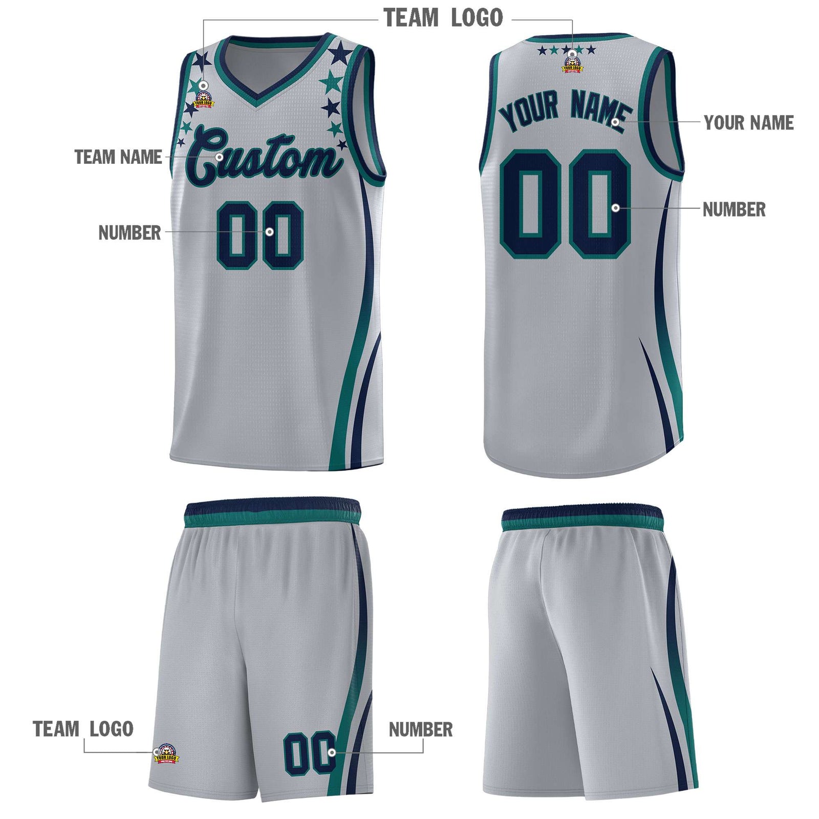 Custom Gray Shoulders Star Pattern Side Color Block Sports Uniform Basketball Kits