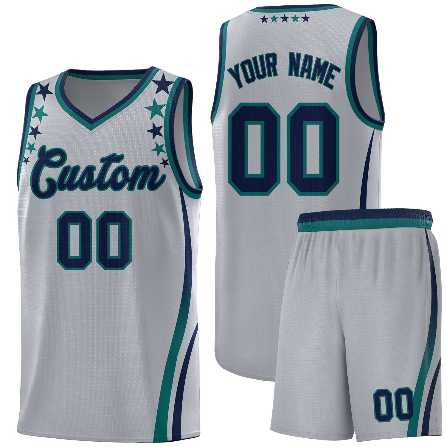 Custom Gray Shoulders Star Pattern Side Color Block Sports Uniform Basketball Kits