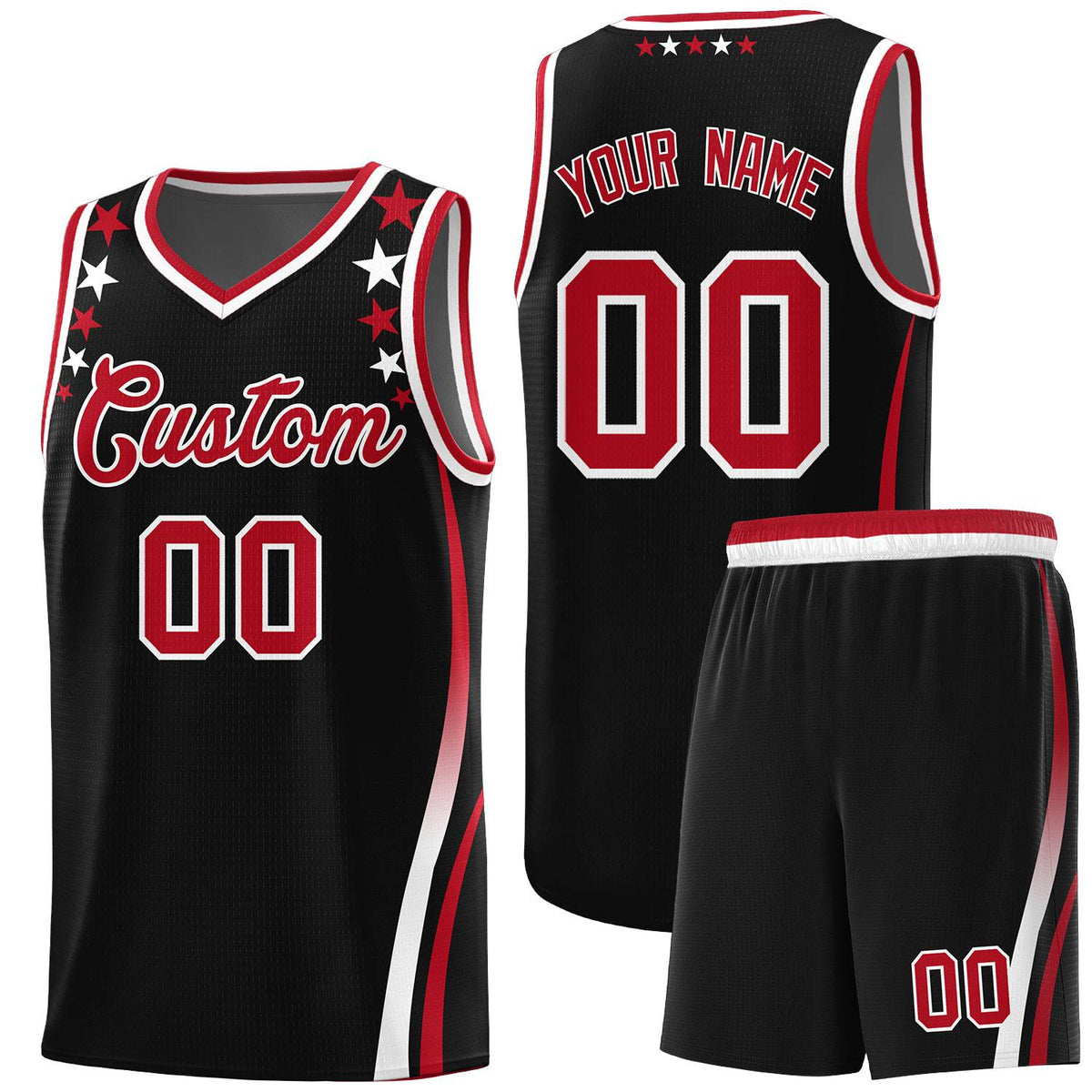 Custom Black Shoulders Star Pattern Side Color Block Sports Uniform Basketball Kits