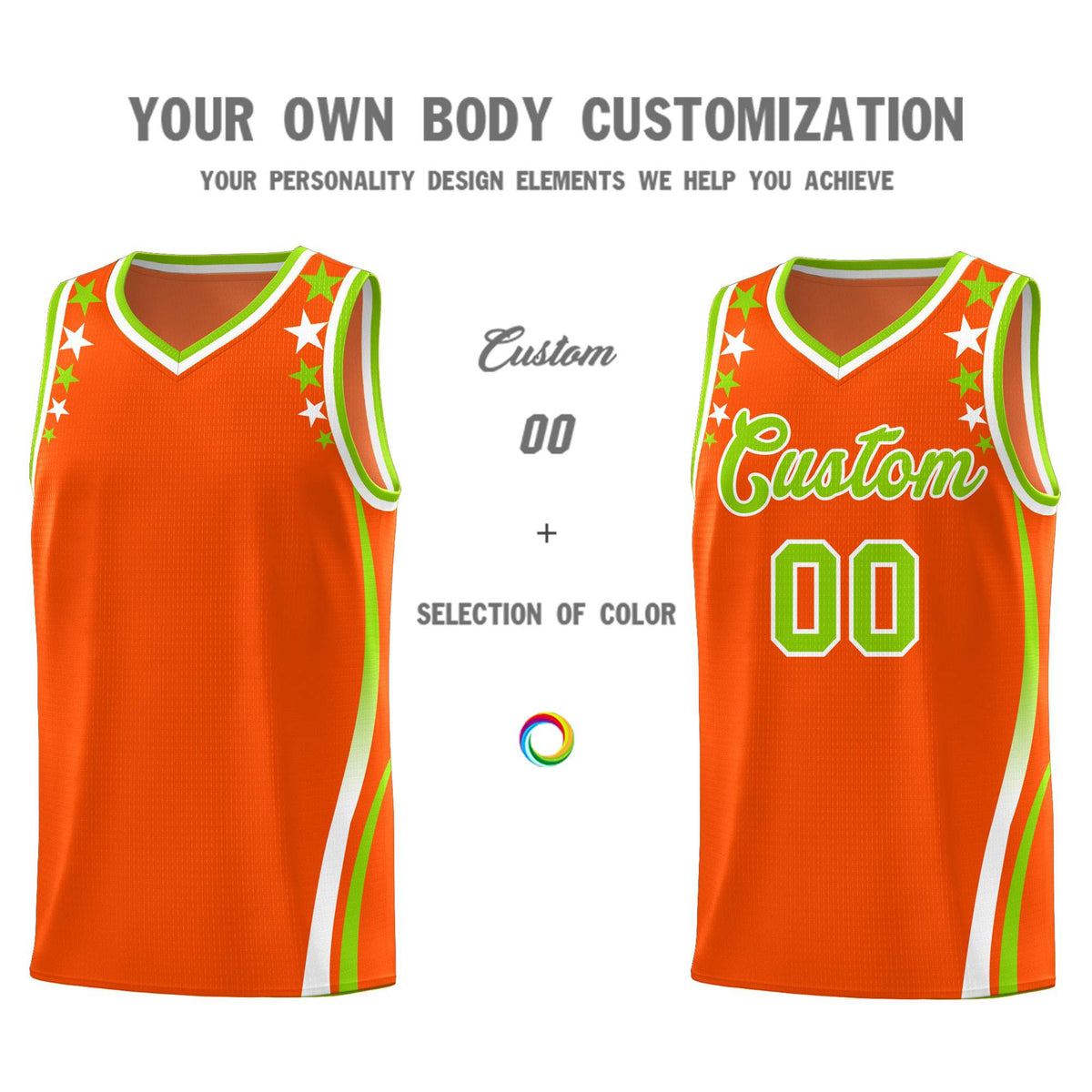 Custom Orange Shoulders Star Pattern Side Color Block Sports Uniform Basketball Kits