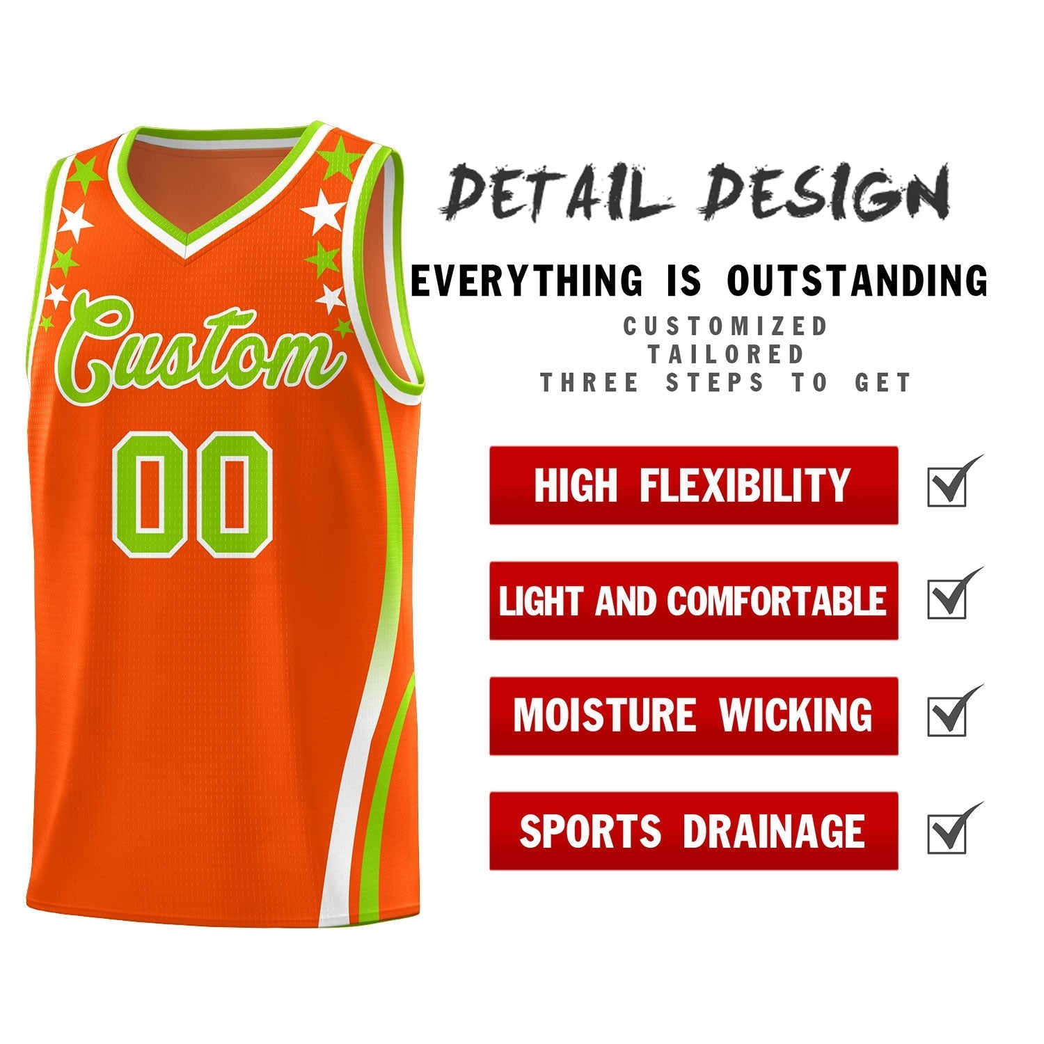 Custom Orange Shoulders Star Pattern Side Color Block Sports Uniform Basketball Kits