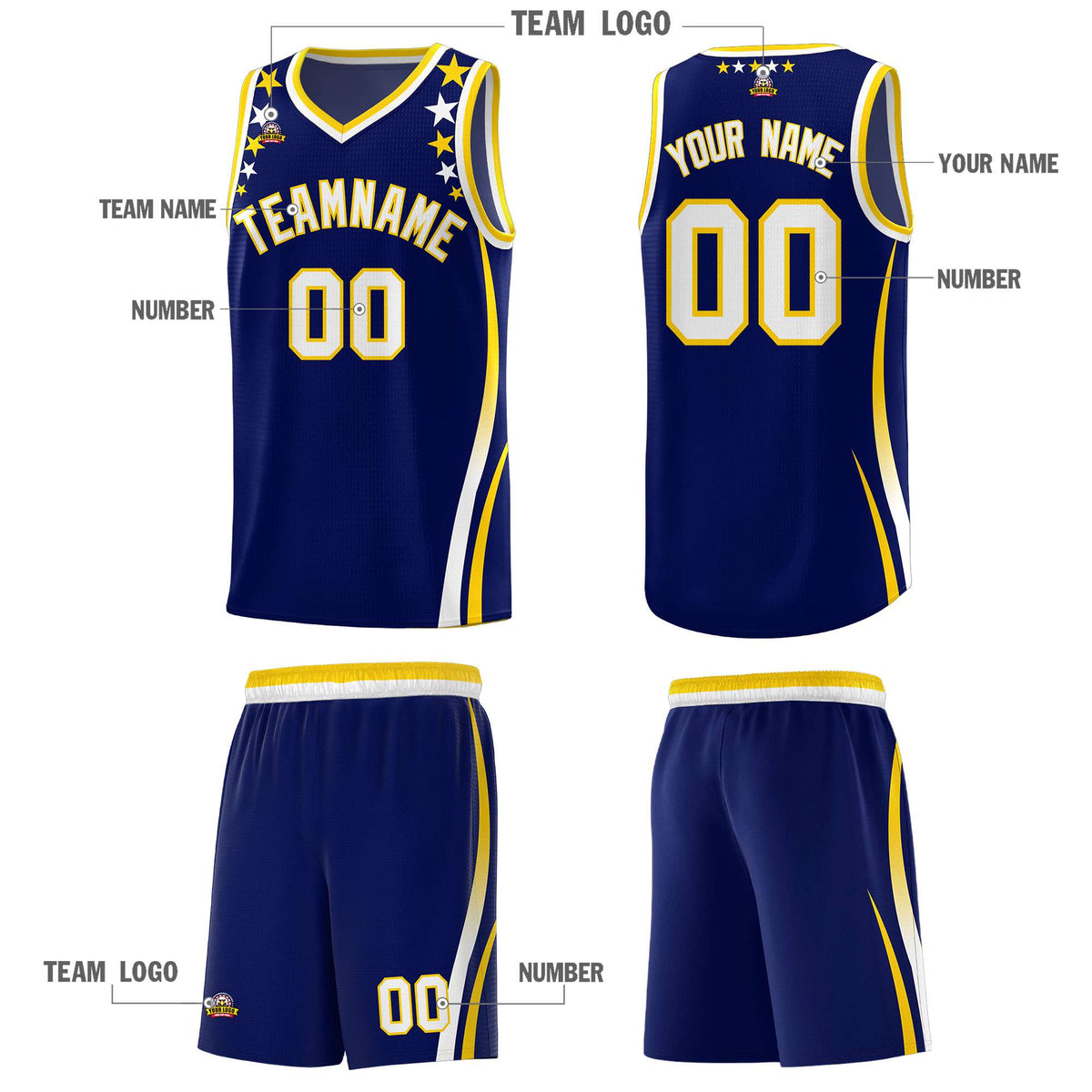 Custom Navy Shoulders Star Pattern Side Color Block Sports Uniform Basketball Kits