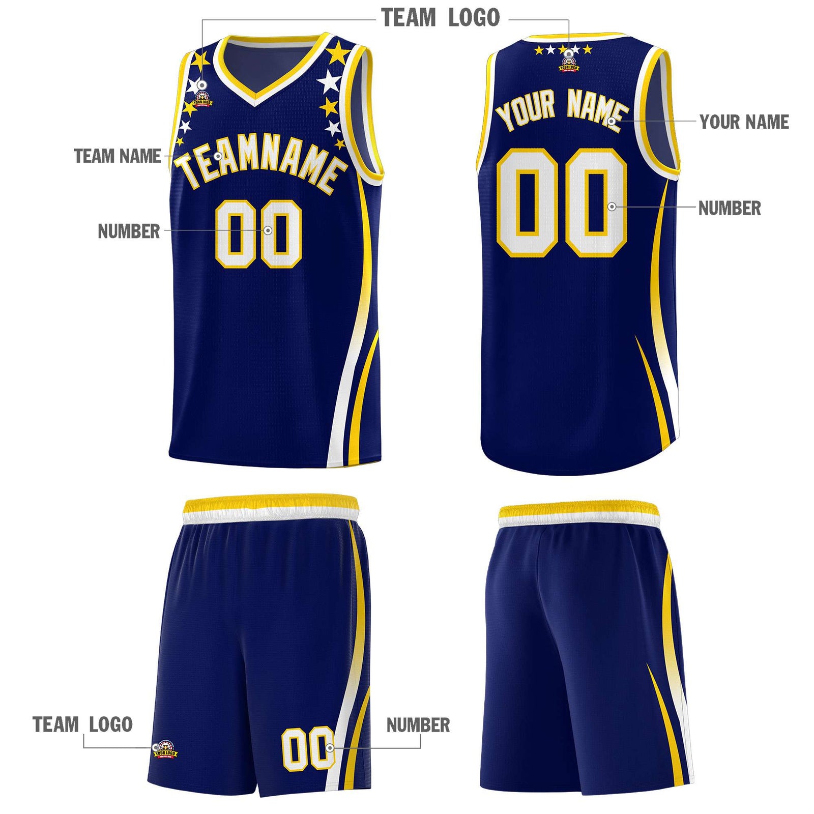 Custom Navy Shoulders Star Pattern Side Color Block Sports Uniform Basketball Kits