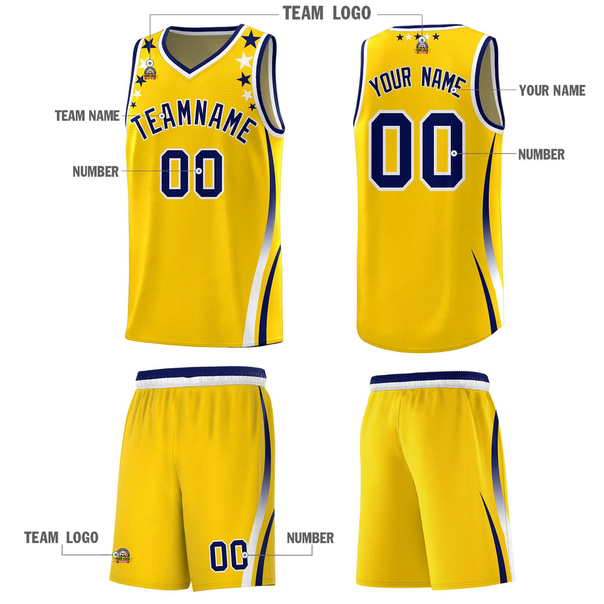 Custom Gold Shoulders Star Pattern Side Color Block Sports Uniform Basketball Kits