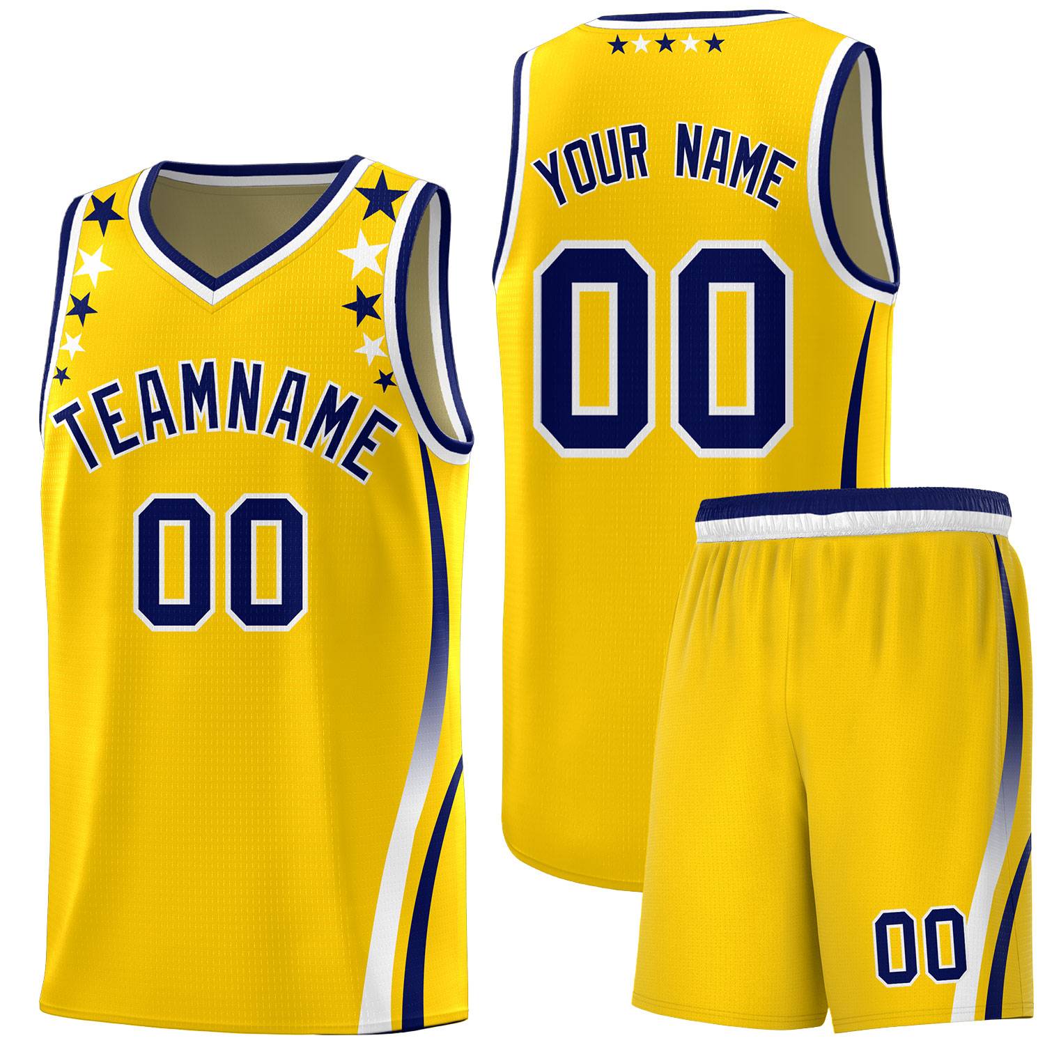 Custom Gold Shoulders Star Pattern Side Color Block Sports Uniform Basketball Kits