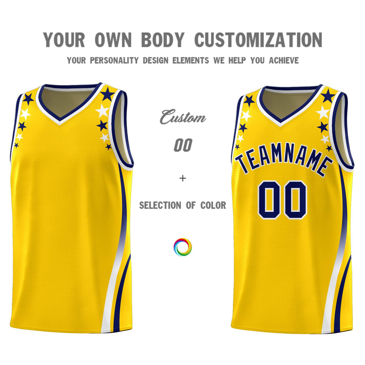 Custom Gold Shoulders Star Pattern Side Color Block Sports Uniform Basketball Kits