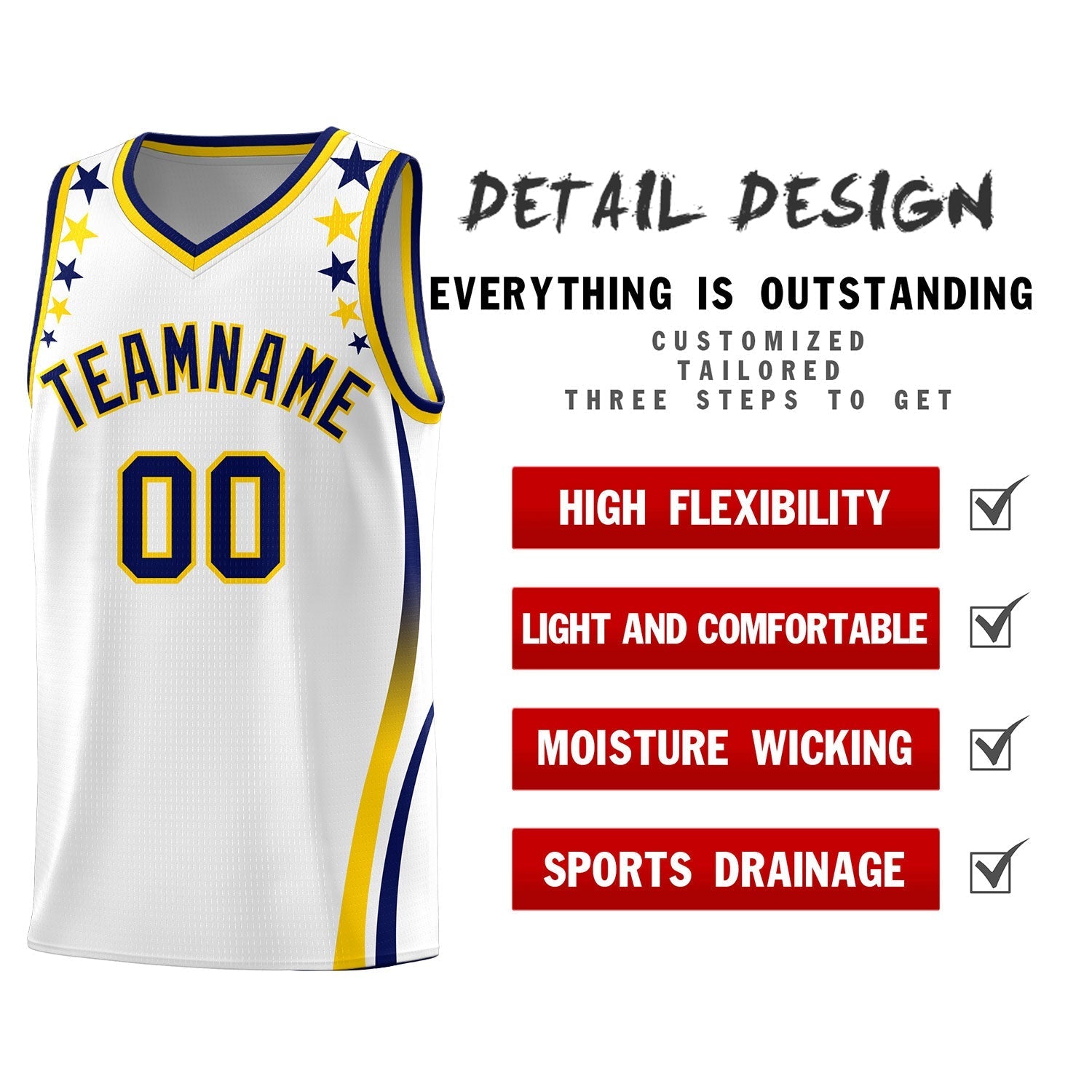 Custom White Shoulders Star Pattern Side Color Block Sports Uniform Basketball Kits