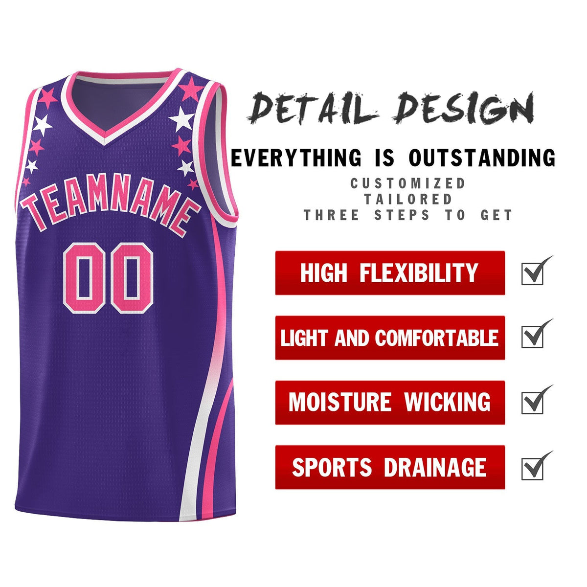 Custom Purple Shoulders Star Pattern Side Color Block Sports Uniform Basketball Kits