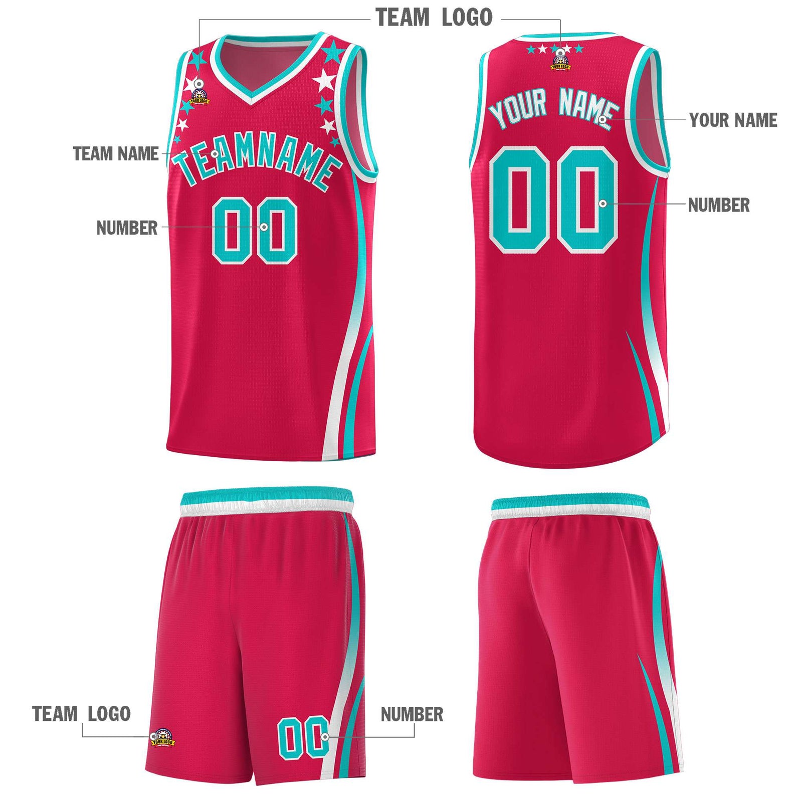 Custom Red Shoulders Star Pattern Side Color Block Sports Uniform Basketball Kits