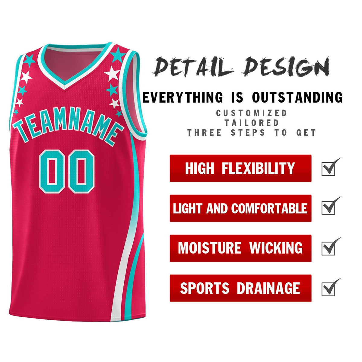 Custom Red Shoulders Star Pattern Side Color Block Sports Uniform Basketball Kits