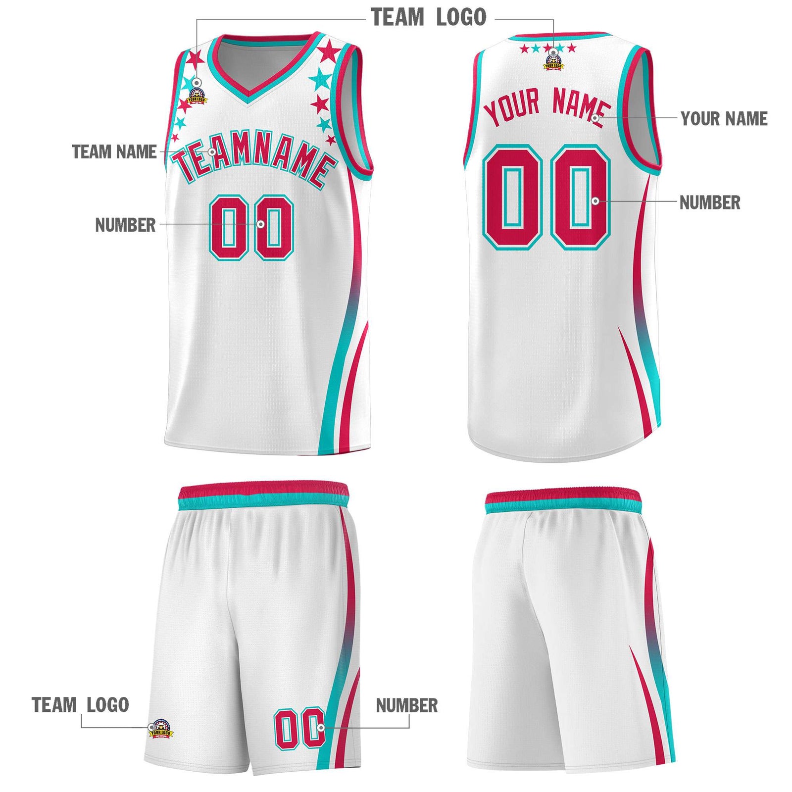 Custom White Shoulders Star Pattern Side Color Block Sports Uniform Basketball Kits