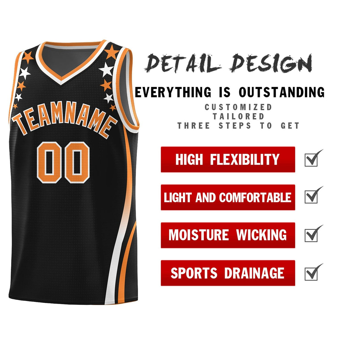 Custom Black Shoulders Star Pattern Side Color Block Sports Uniform Basketball Kits