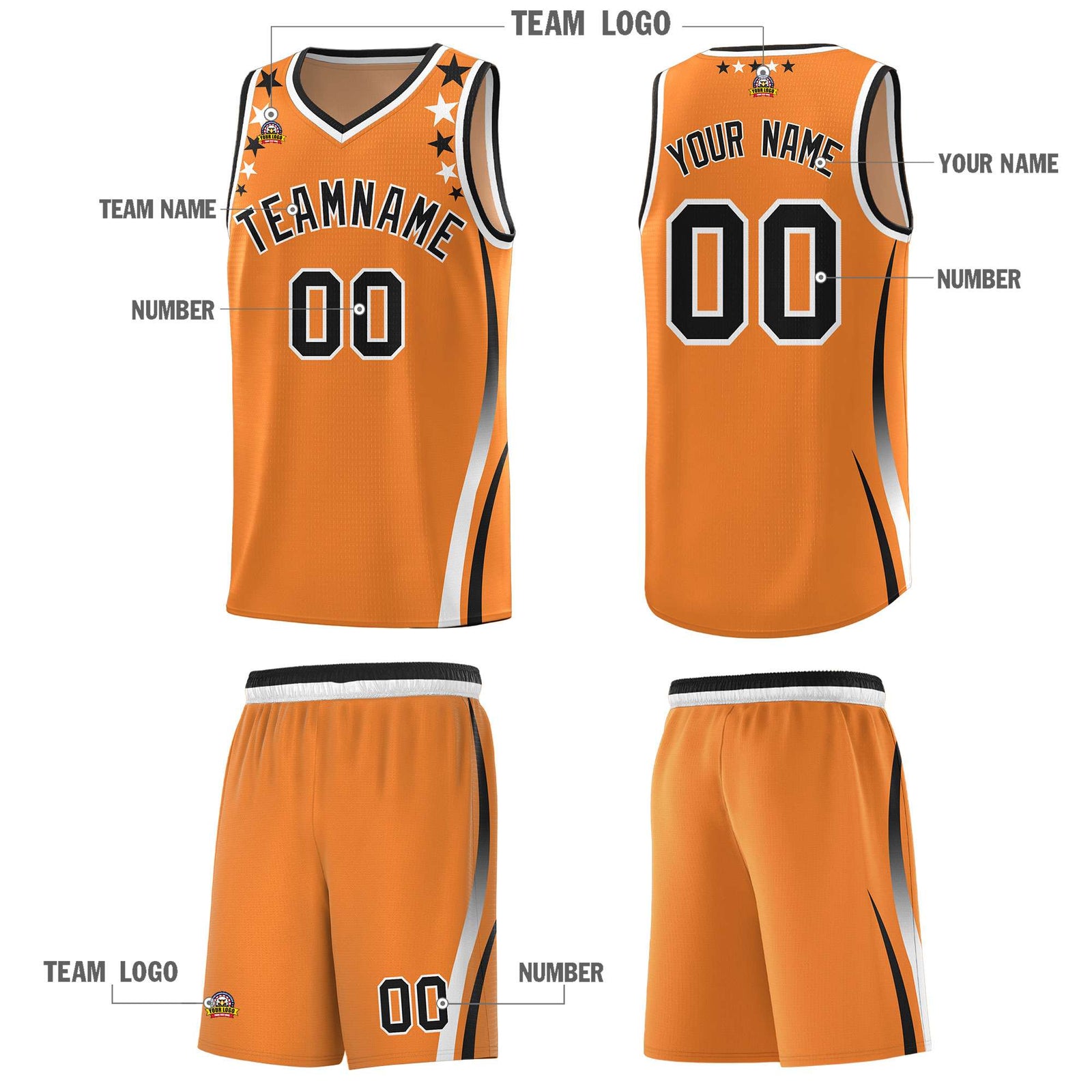 Custom Orange Shoulders Star Pattern Side Color Block Sports Uniform Basketball Kits