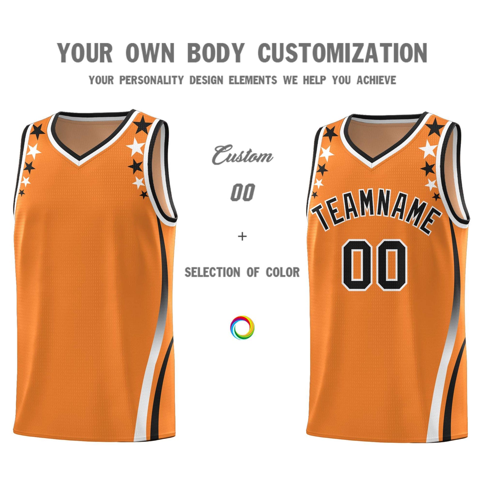 Custom Orange Shoulders Star Pattern Side Color Block Sports Uniform Basketball Kits