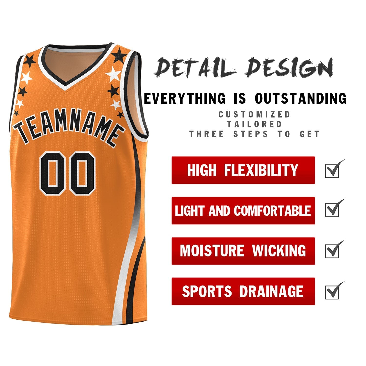 Custom Orange Shoulders Star Pattern Side Color Block Sports Uniform Basketball Kits