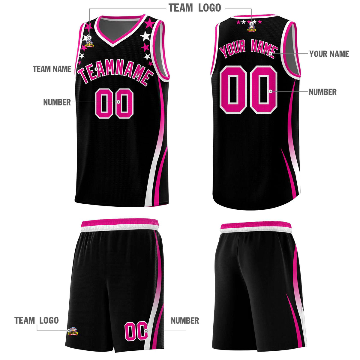 Custom Black Shoulders Star Pattern Side Color Block Sports Uniform Basketball Kits