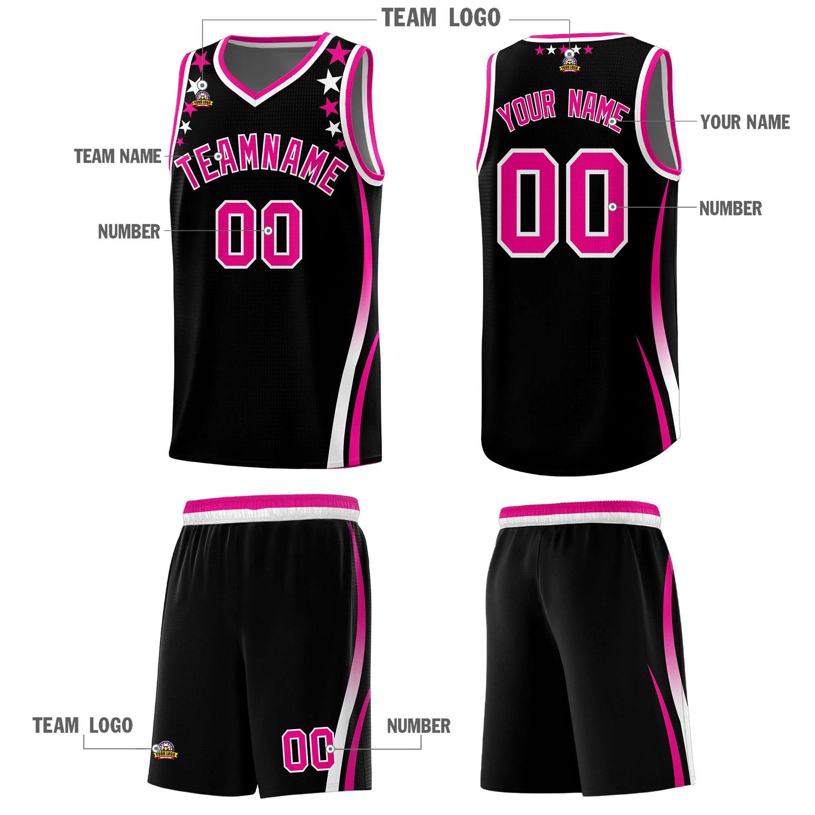 Custom Black Shoulders Star Pattern Side Color Block Sports Uniform Basketball Kits