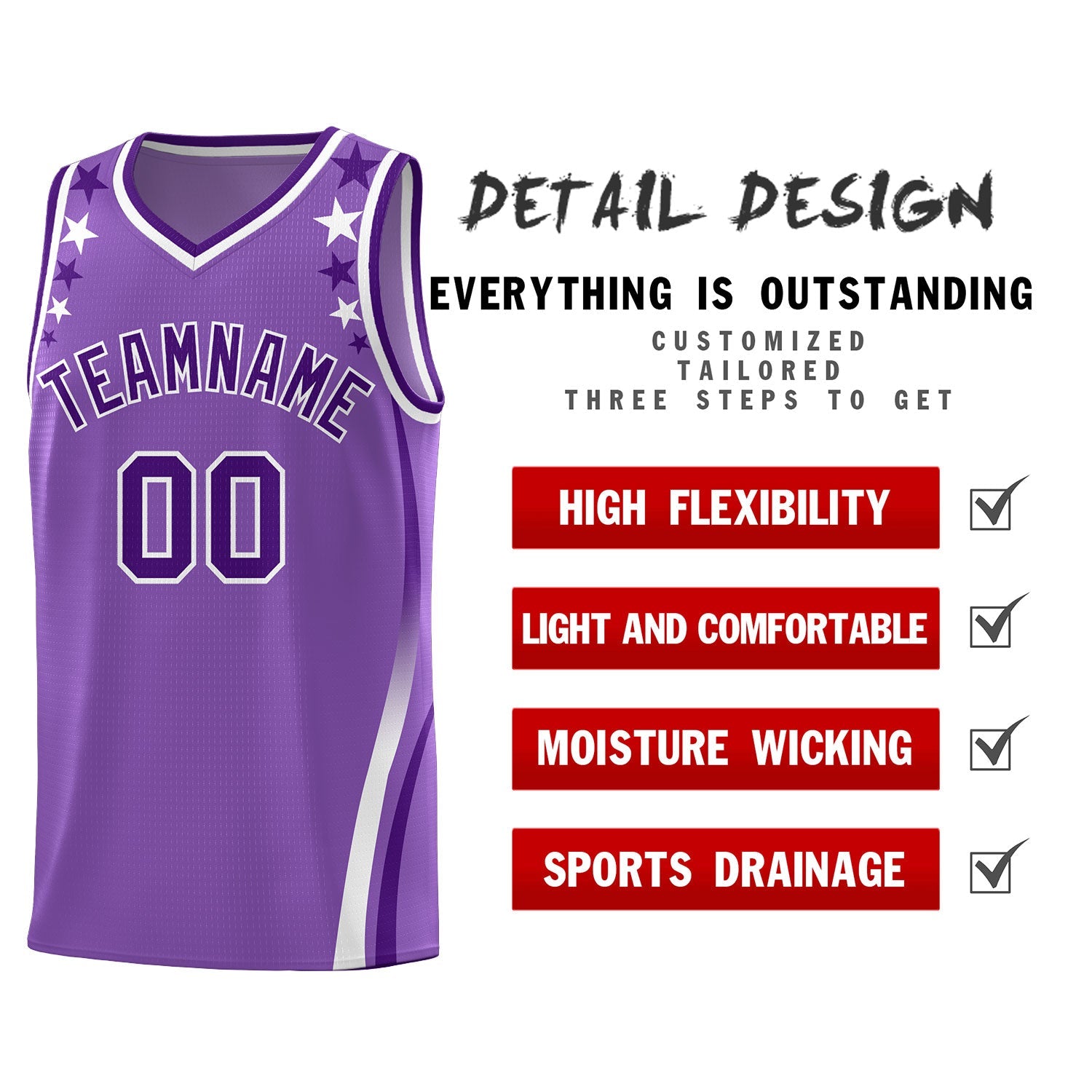 Custom Light Purple Shoulders Star Pattern Side Color Block Sports Uniform Basketball Kits