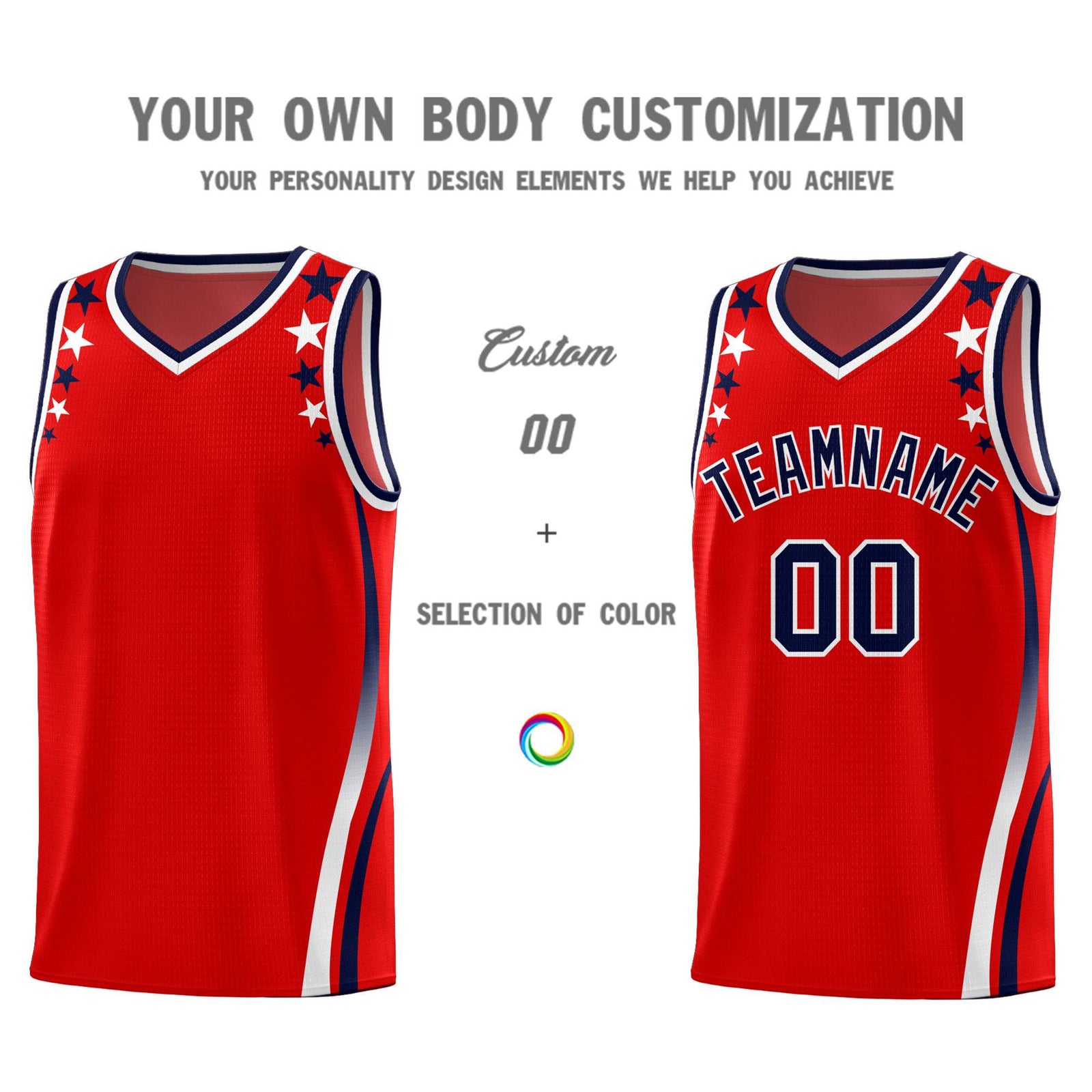 Custom Red Shoulders Star Pattern Side Color Block Sports Uniform Basketball Kits