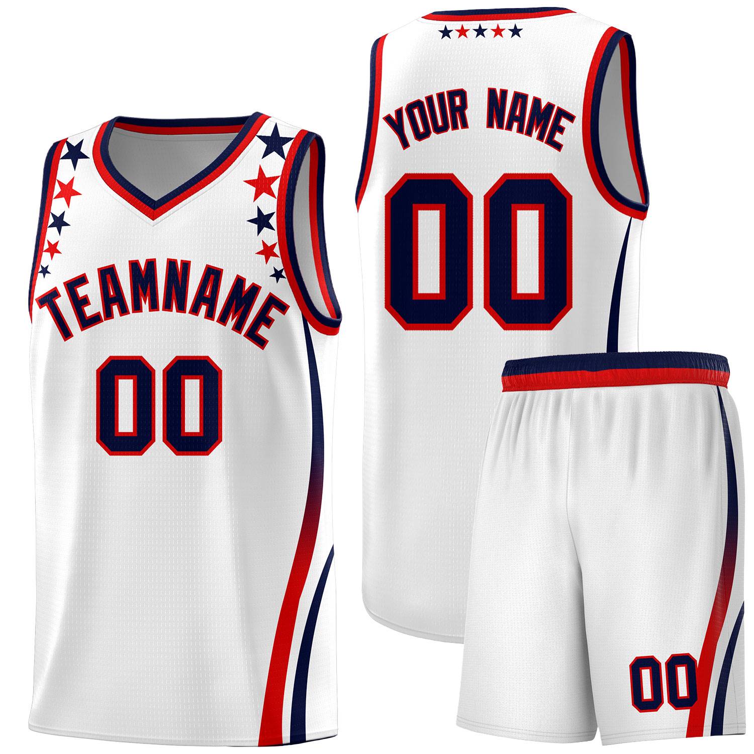 Custom White Shoulders Star Pattern Side Color Block Sports Uniform Basketball Kits