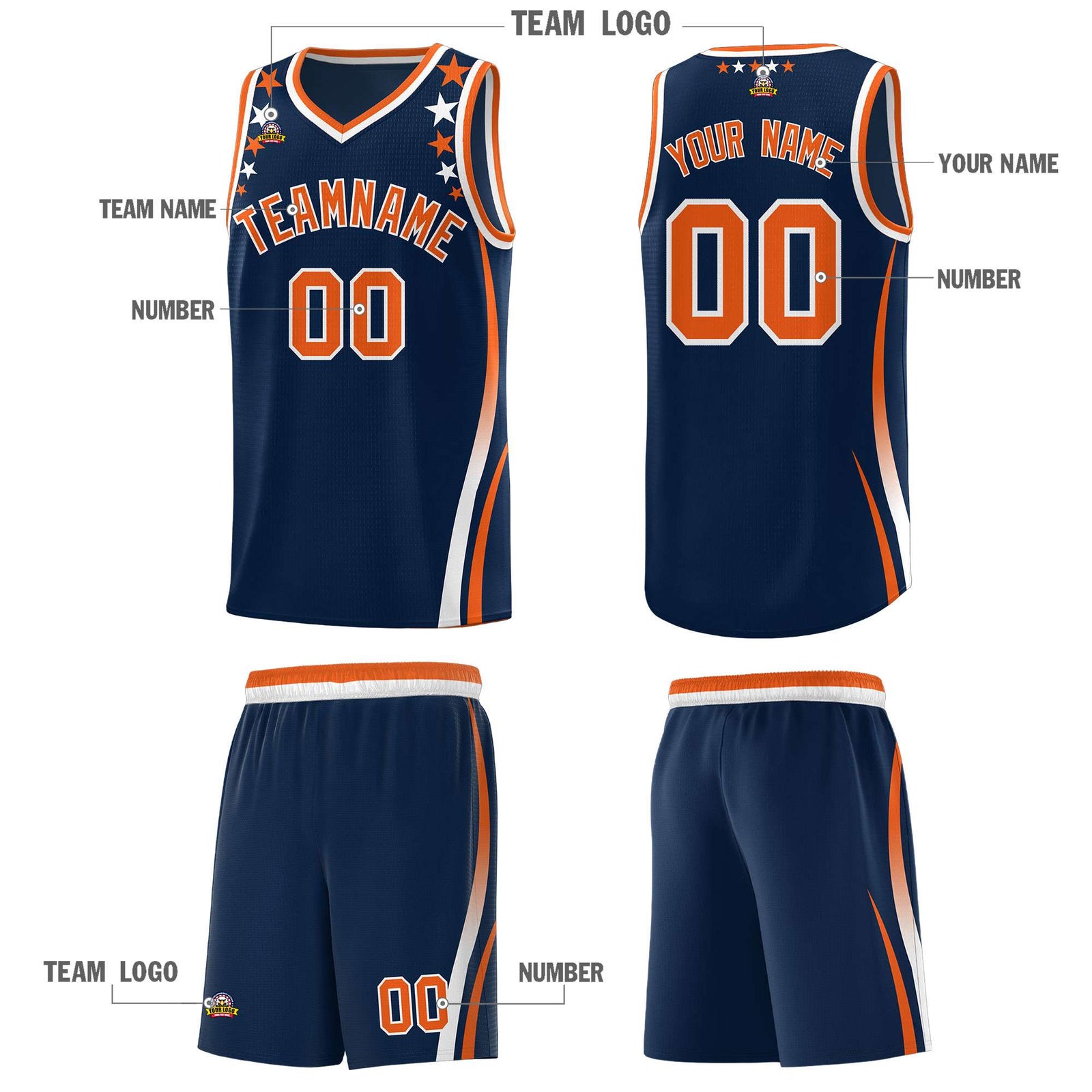 Custom Navy Shoulders Star Pattern Side Color Block Sports Uniform Basketball Kits