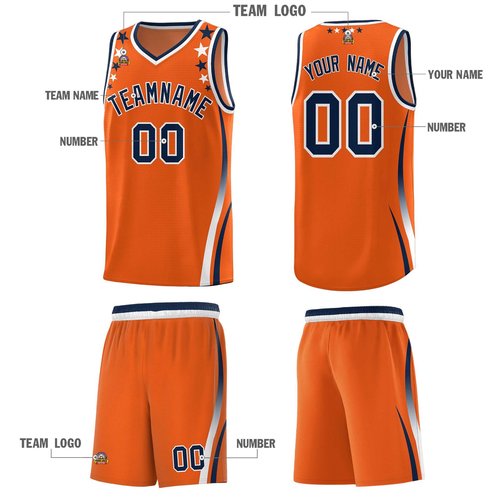 Custom Orange Shoulders Star Pattern Side Color Block Sports Uniform Basketball Kits