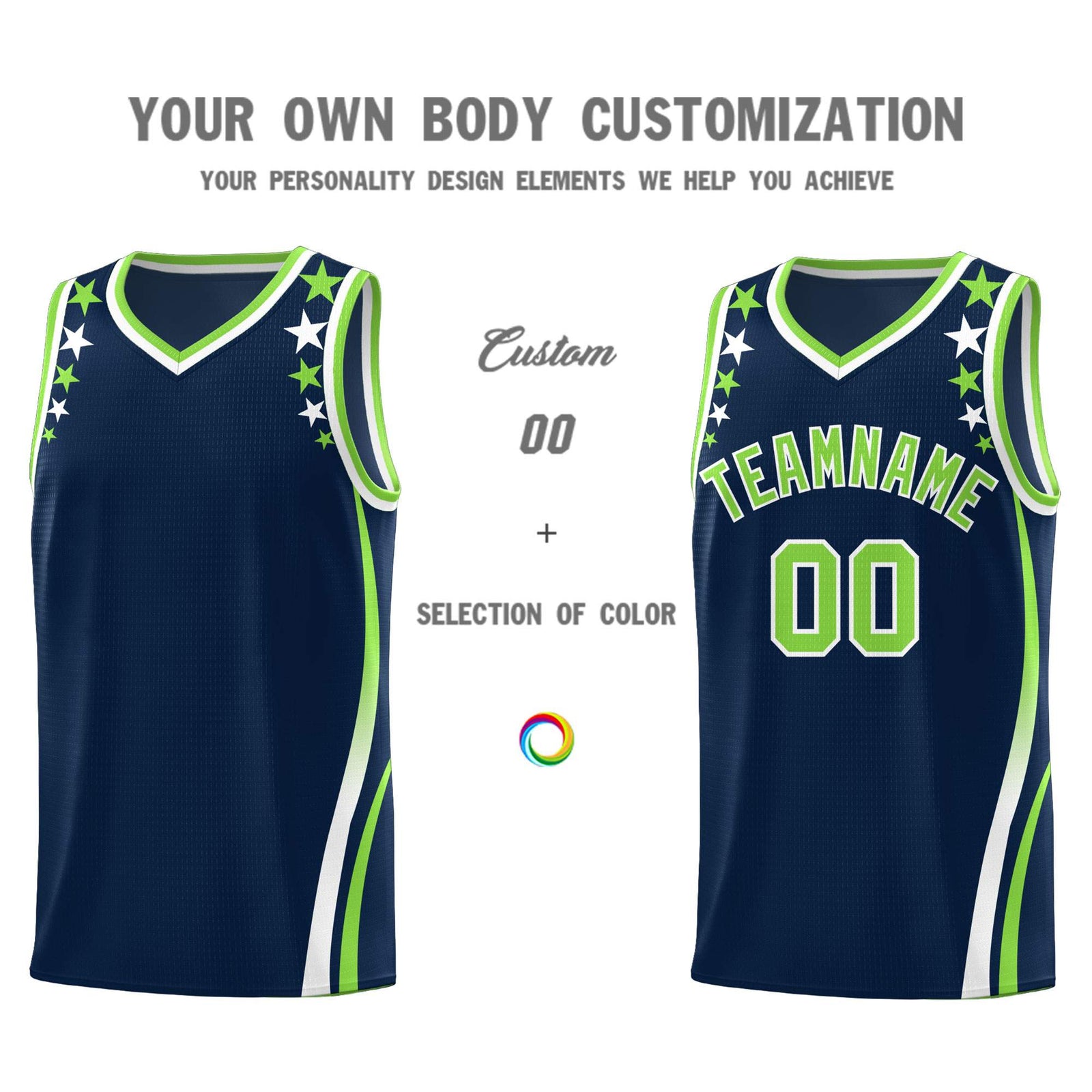 Custom Navy Shoulders Star Pattern Side Color Block Sports Uniform Basketball Kits