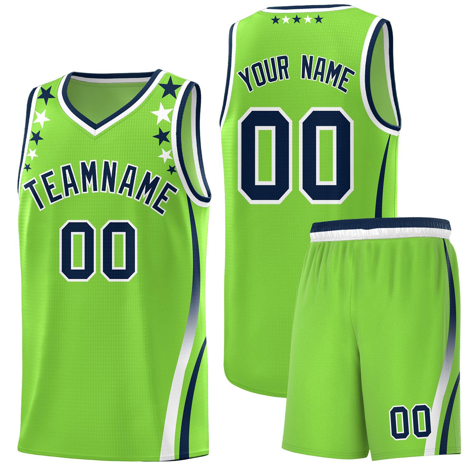 Custom Neon Green Shoulders Star Pattern Side Color Block Sports Uniform Basketball Kits