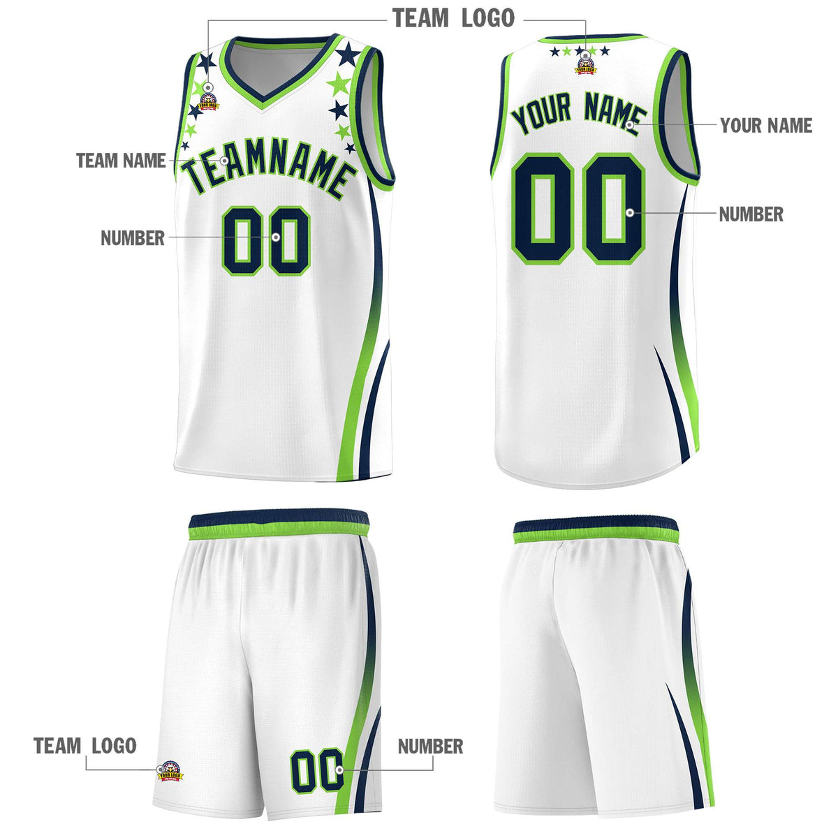 Custom White Shoulders Star Pattern Side Color Block Sports Uniform Basketball Kits