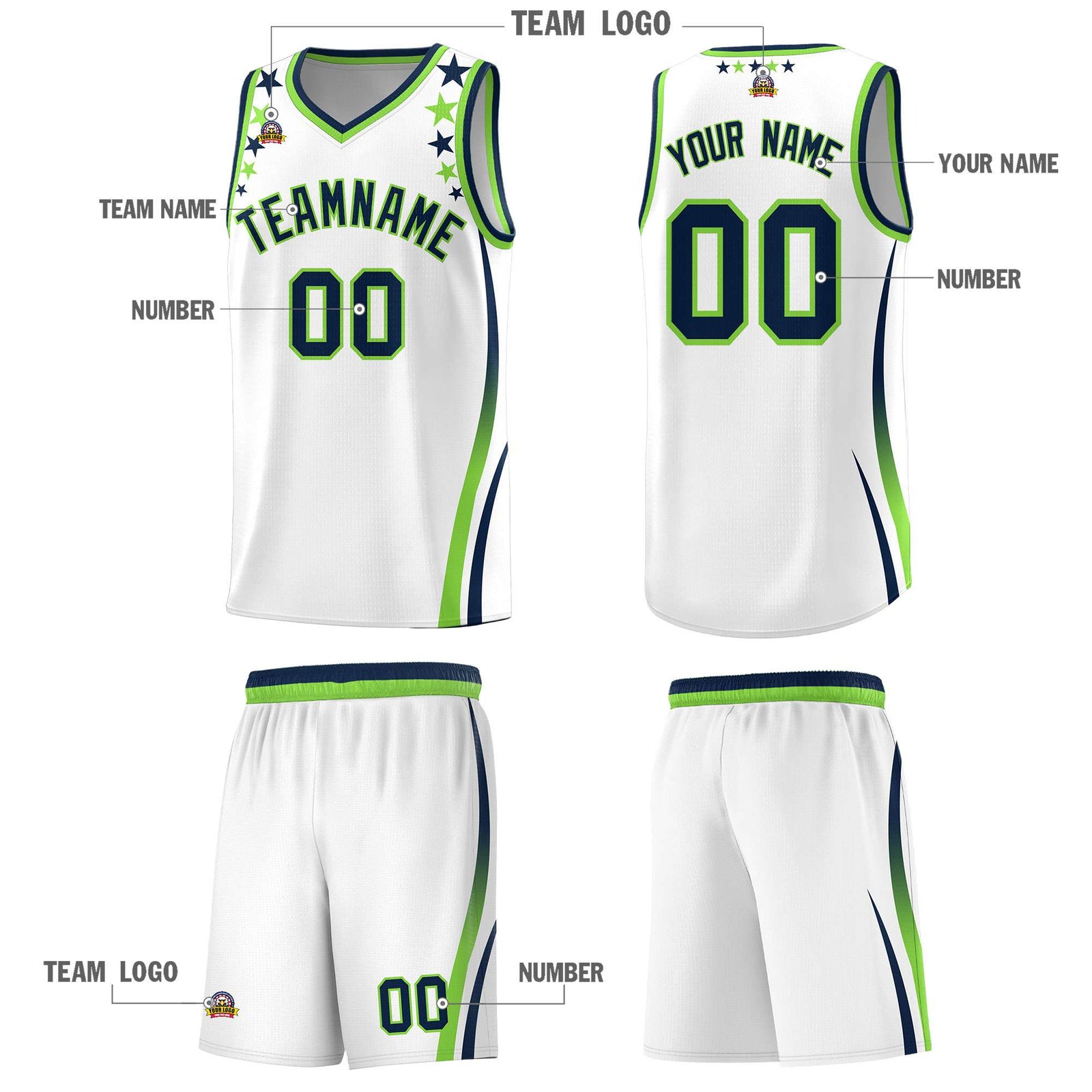 Custom White Shoulders Star Pattern Side Color Block Sports Uniform Basketball Kits