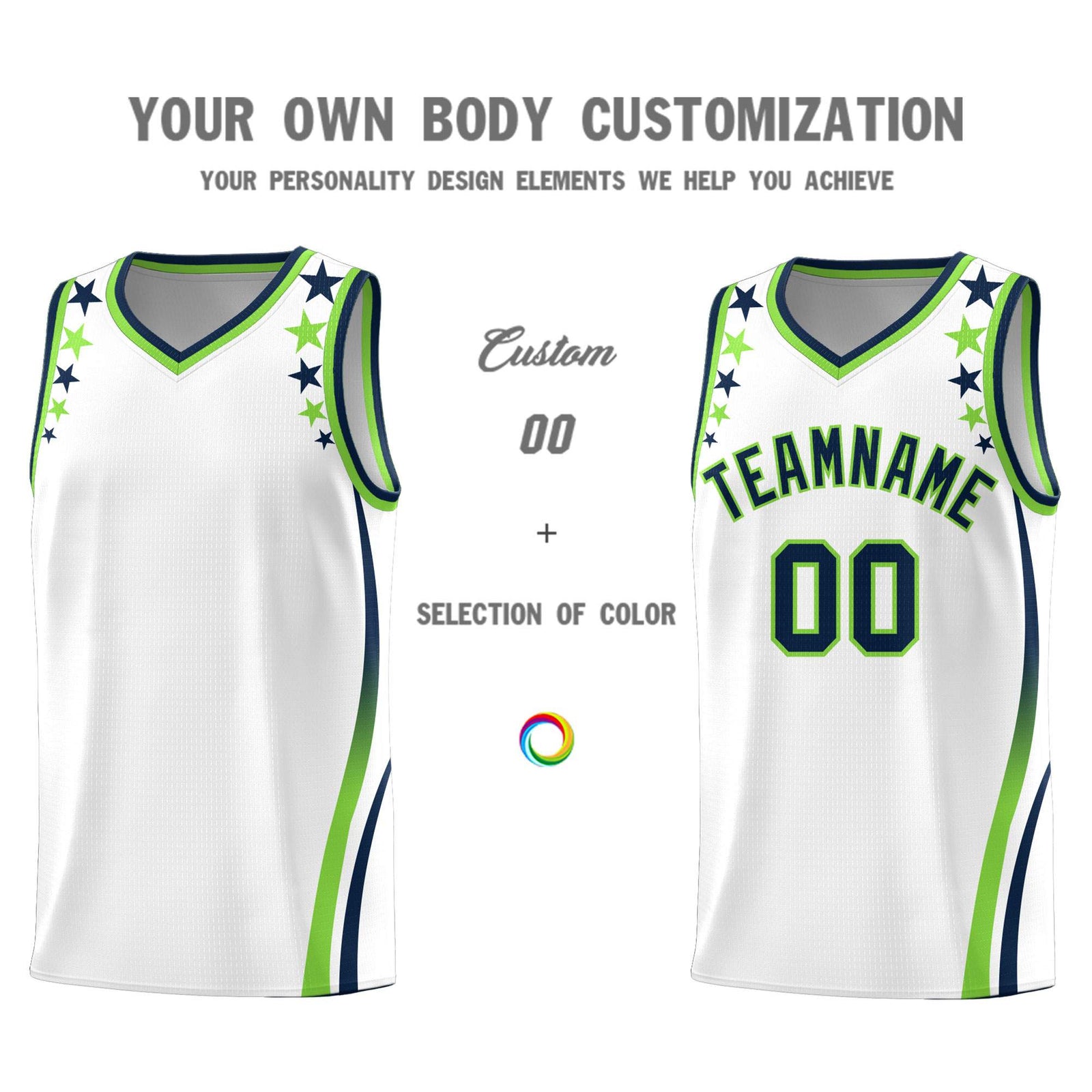 Custom White Shoulders Star Pattern Side Color Block Sports Uniform Basketball Kits