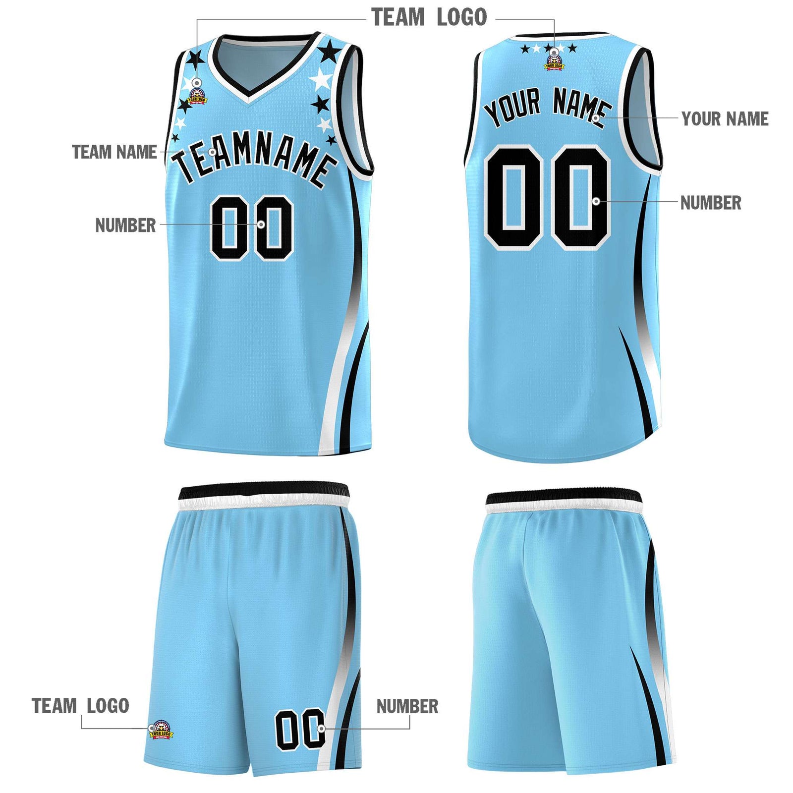Custom Light Blue Shoulders Star Pattern Side Color Block Sports Uniform Basketball Kits