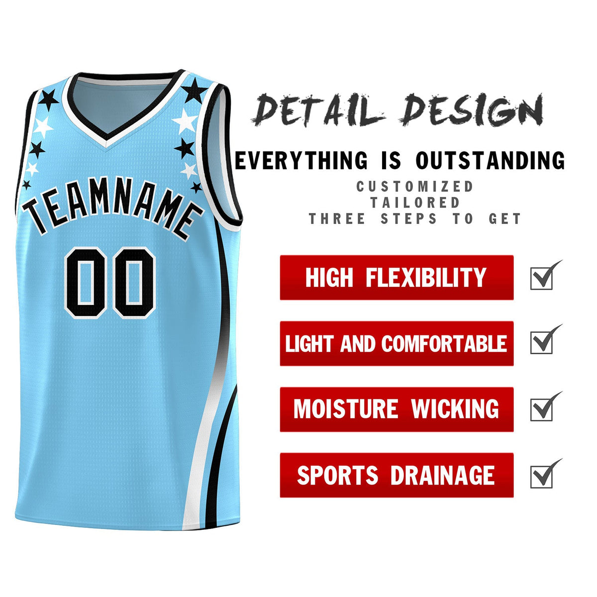 Custom Light Blue Shoulders Star Pattern Side Color Block Sports Uniform Basketball Kits