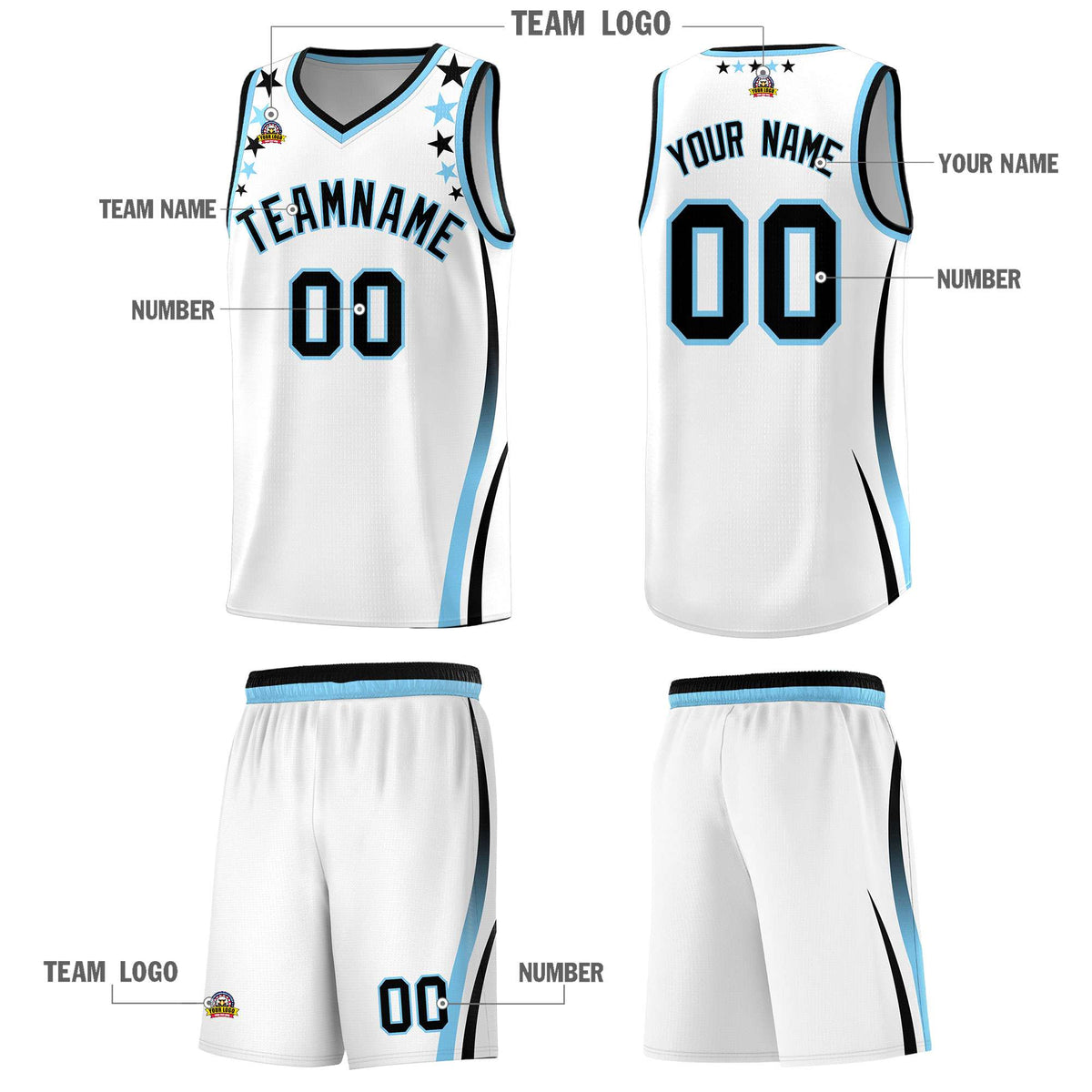 Custom White Shoulders Star Pattern Side Color Block Sports Uniform Basketball Kits