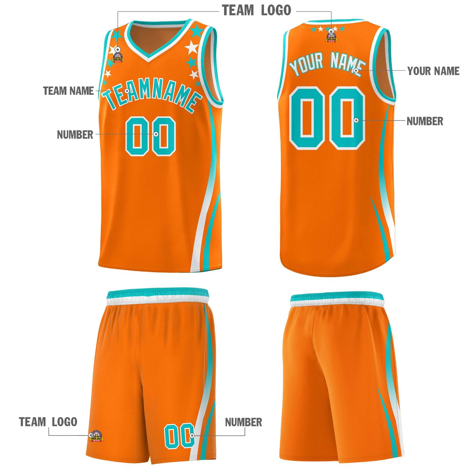 Custom Orange Shoulders Star Pattern Side Color Block Sports Uniform Basketball Kits