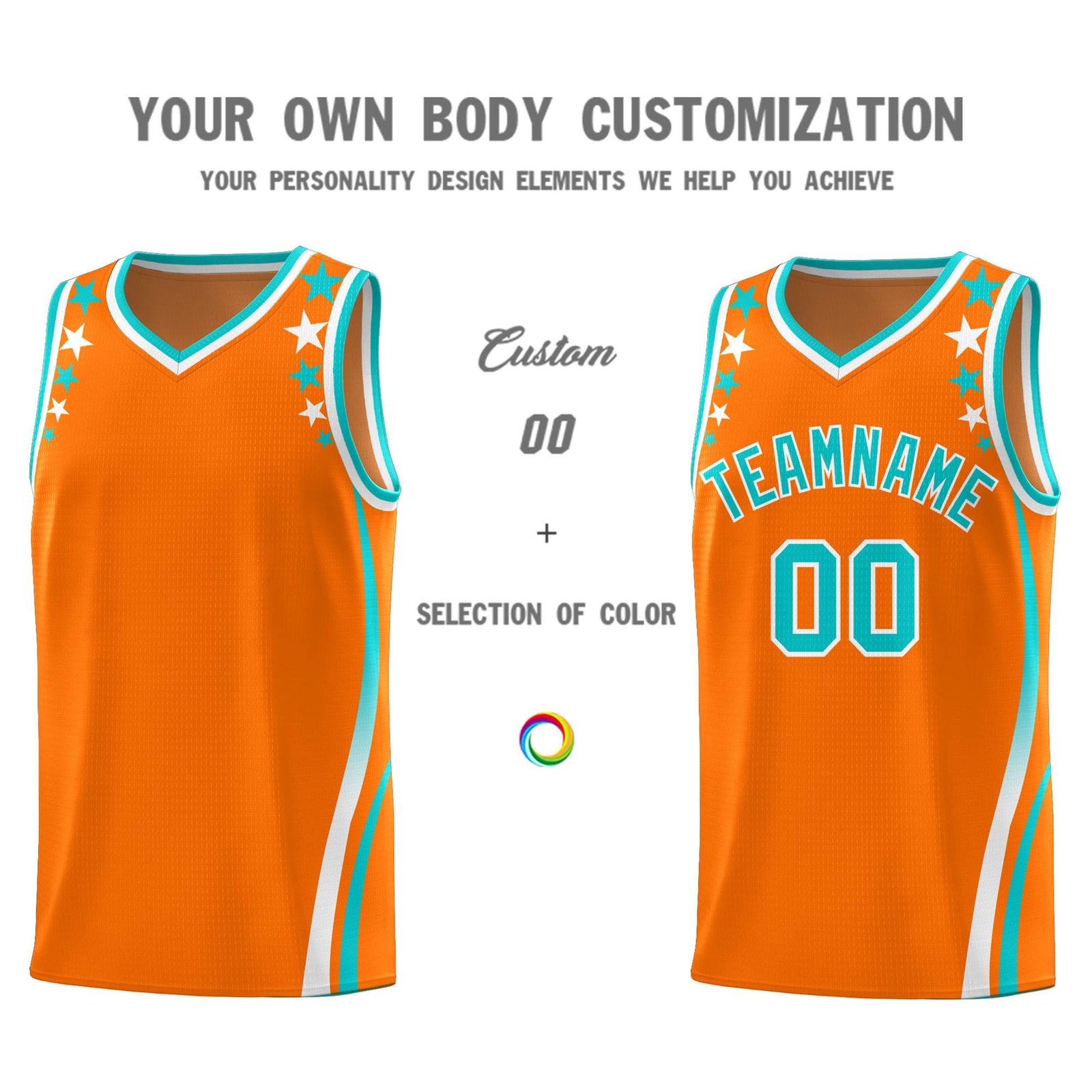 Custom Orange Shoulders Star Pattern Side Color Block Sports Uniform Basketball Kits